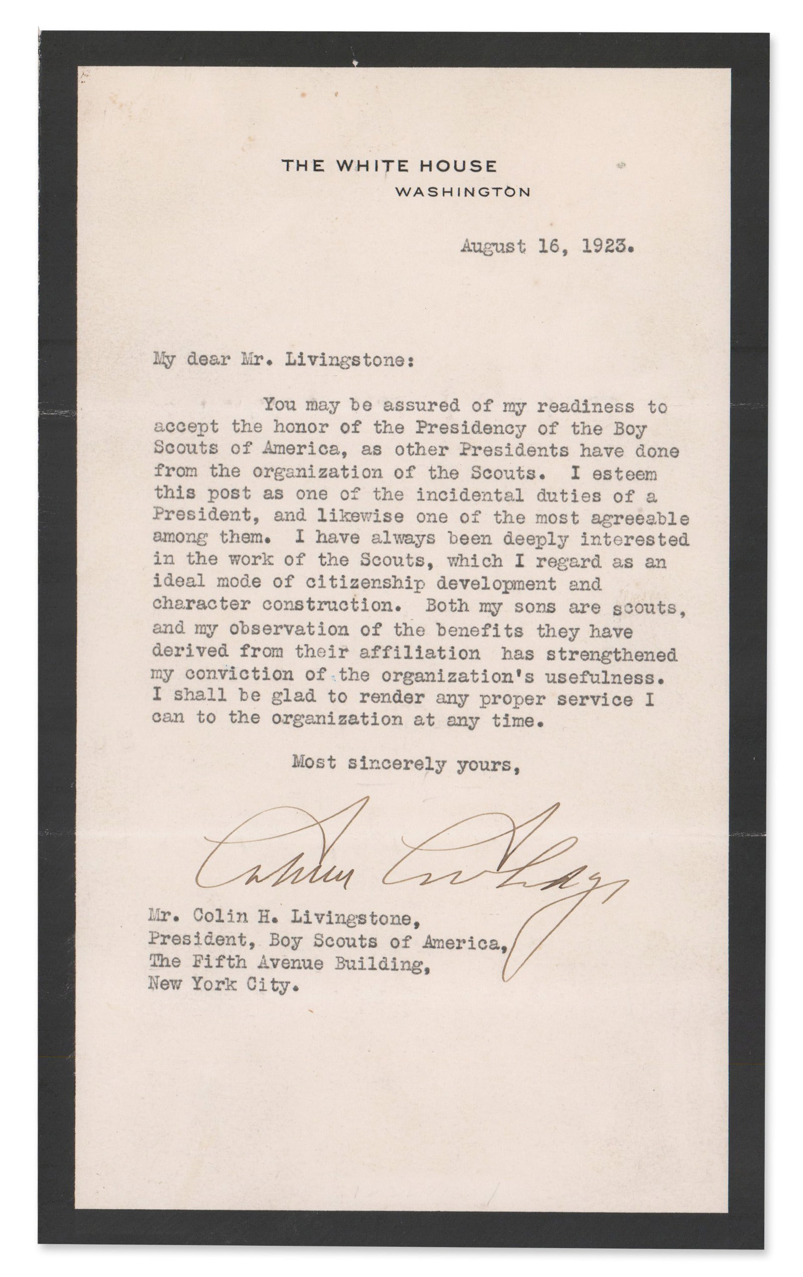 Calvin Coolidge TLS Accepting Boy Scout Presidency After Harding's Death (1 of 2)