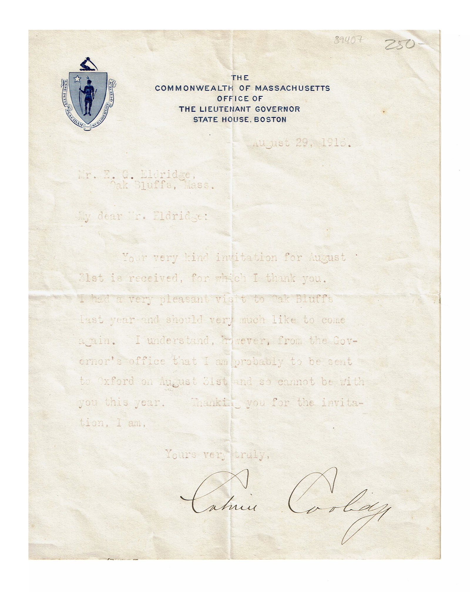 Calvin Coolidge Declines Invite to Martha's Vineyard (1 of 3)