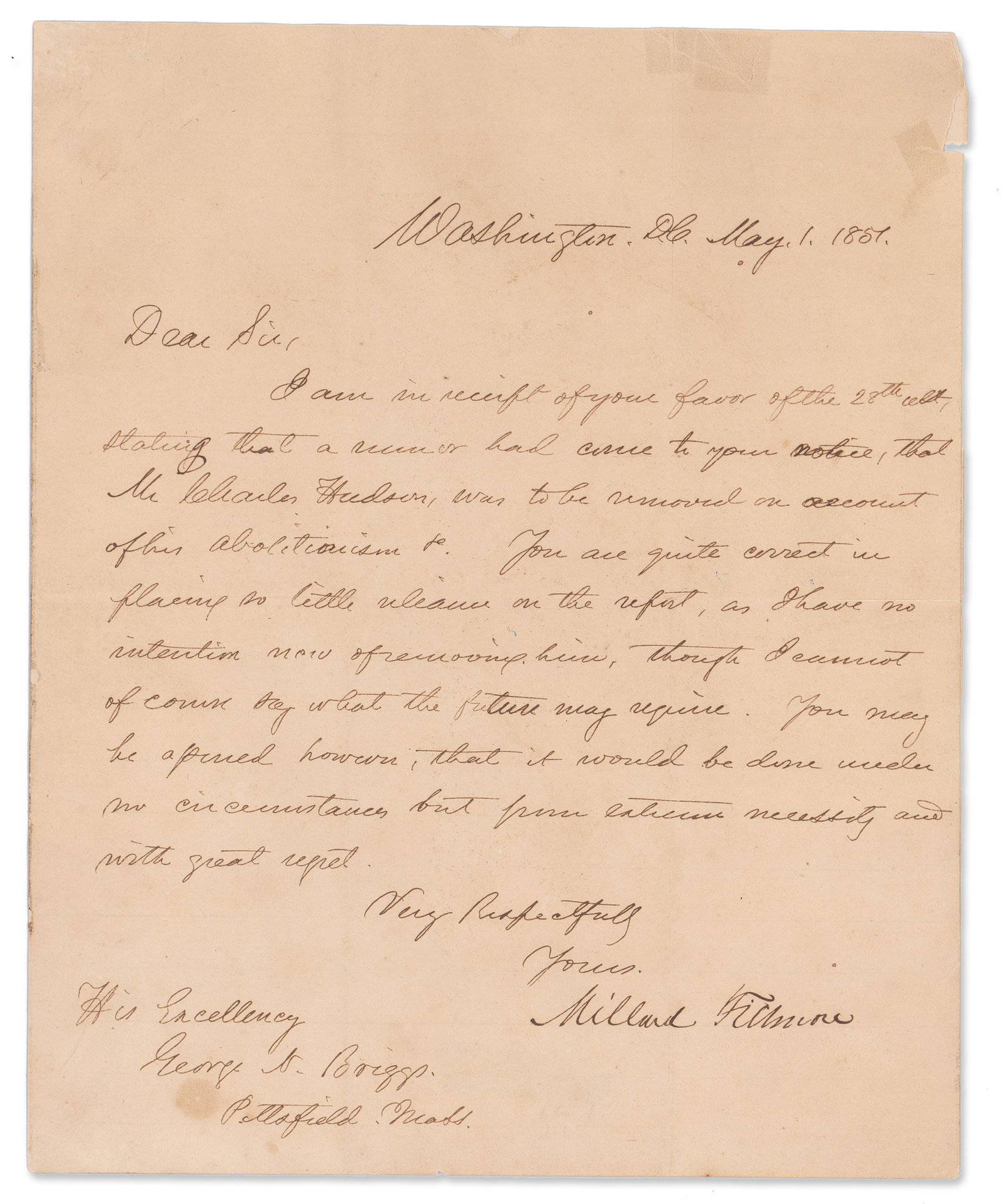 M. Fillmore Denies Rumors About Removing Charles Hudson “on account of his abolitionism" (1 of 2)
