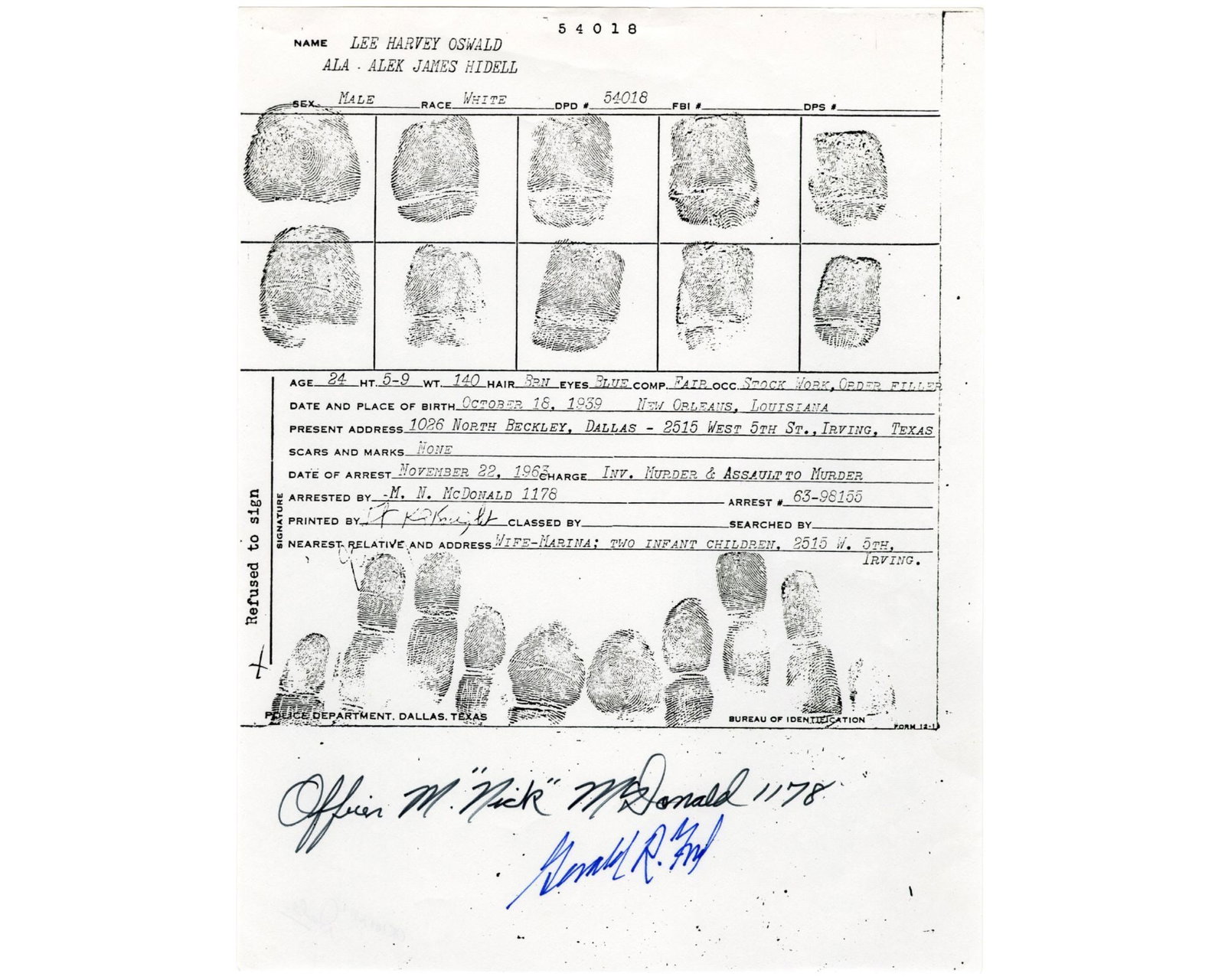 G. Ford & McDonald Sign Lee Harvey Oswald Fingerprint Card!: Gerald Ford Dallas, TX, November 22, 1963 G. Ford & McDonald Sign Lee Harvey Oswald Fingerprint Card! Signature Remarkably unique dual-signed photographic reproduction of Lee Harvey Oswald's Dallas Po