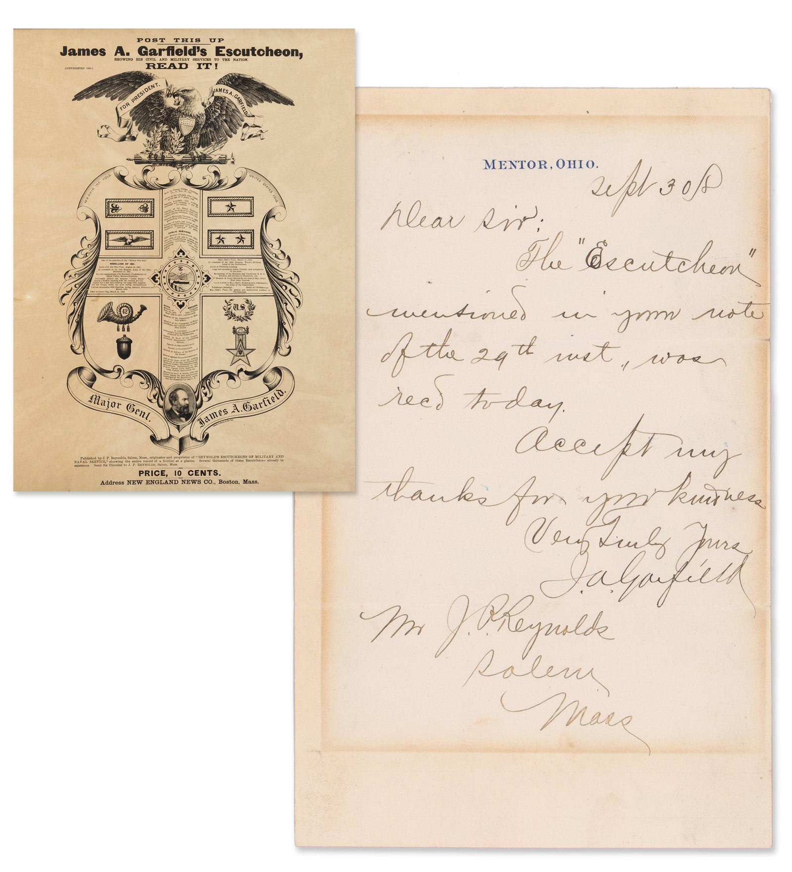 J. Garfield 1880 Presidential Campaign Letter Signed: James Garfield Mentor, OH, September 30, 1880 J. Garfield 1880 Presidential Campaign Letter Signed LS James Garfield letter signed as Republican nominee for president. 1p, 5.1” x 8.1”; Men