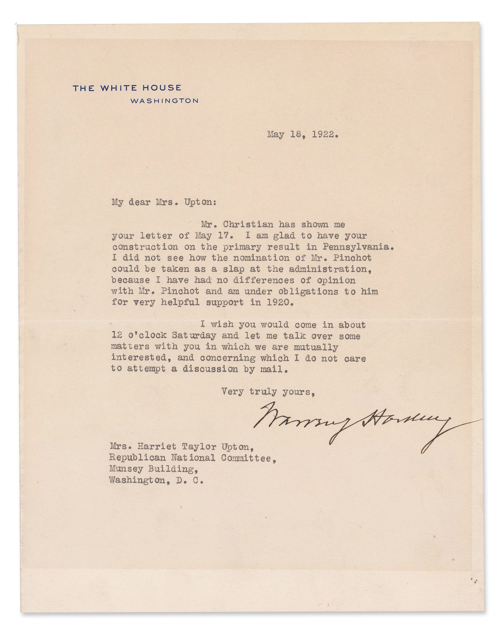 W. Harding TLS to RNC Vice Chair Harriet Taylor Upton Requesting a Meeting: "I do not care to (1 of 2)
