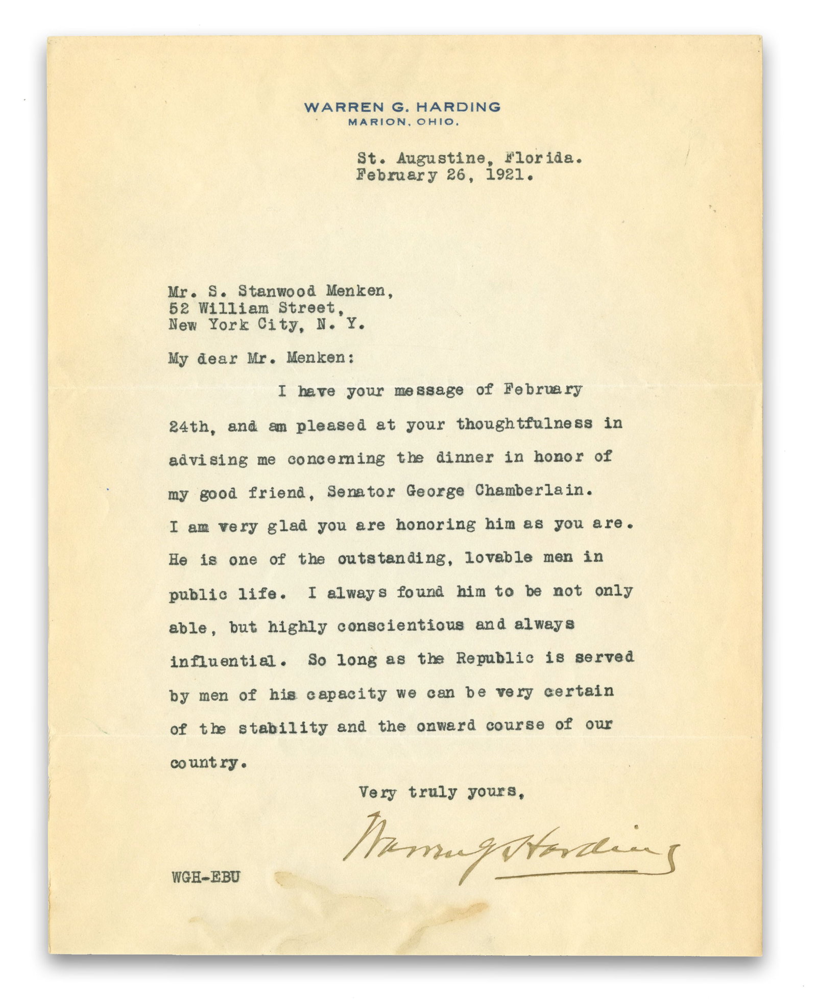 Warren Harding TLS as Pres. Elect: "we can be very certain of the stability… of our country" (1 of 3)