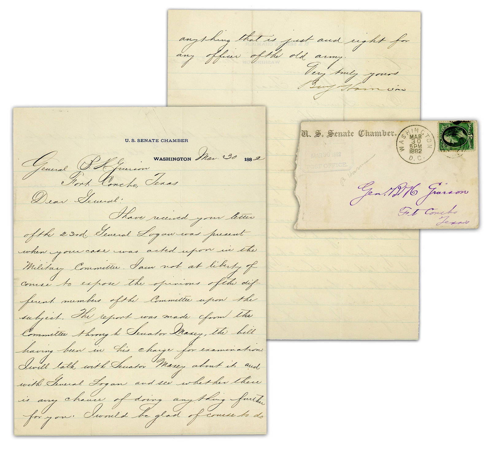Benjamin Harrison LS: "I would be glad… to do anything that is just and right for any officer: Benjamin Harrison [Washington, DC], March 30, 1882 Benjamin Harrison LS: "I would be glad… to do anything that is just and right for any officer of the old army" LS A 2pp letter signed by