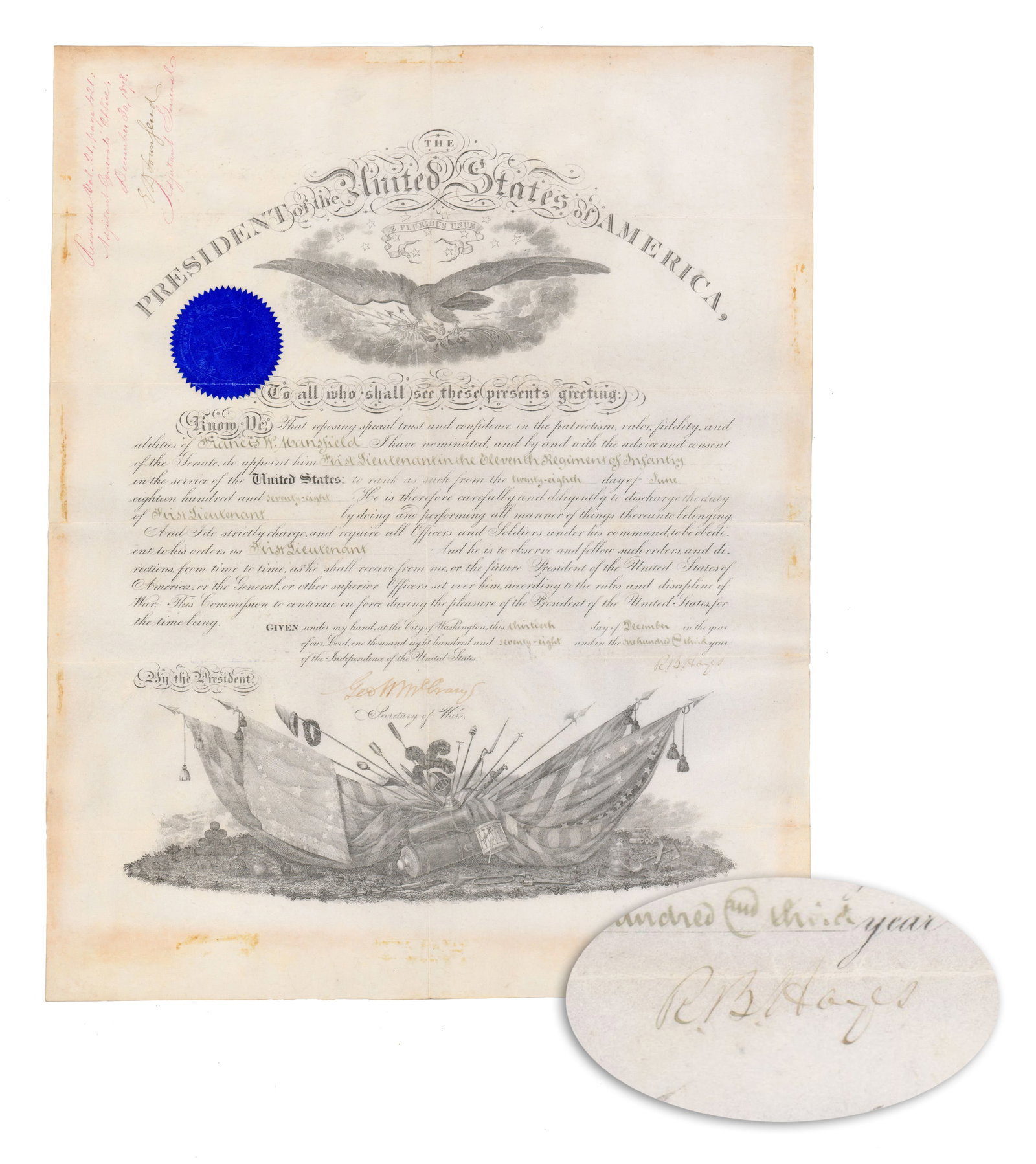 R. B. Hayes Appoints First Lieutenant of 11th Infantry Regiment: Rutherford B. Hayes Washington, DC, December 30, 1878 R. B. Hayes Appoints First Lieutenant of 11th Infantry Regiment Partially printed DS A partially printed military commission, signed by the