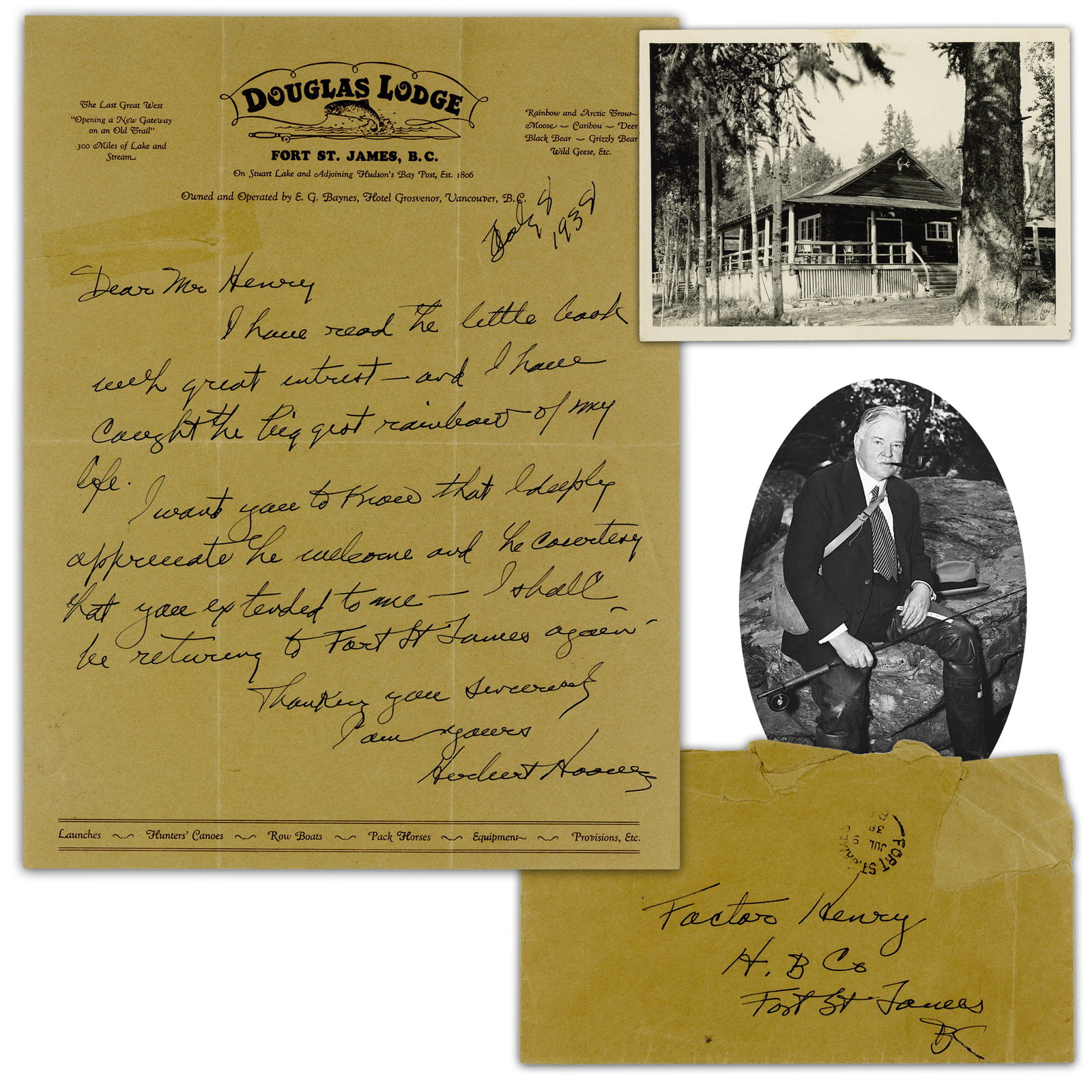 Herbert Hoover ALS Days After Being Named Chief Bread-giver by Dakelh Tribe, Recounts "I have caught: Herbert Hoover [Douglas Lodge, Fort St. James, British Columbia, Canada], July 8, 1938 Herbert Hoover ALS Days After Being Named Chief Bread-giver by Dakelh Tribe, Recounts "I have caught the biggest