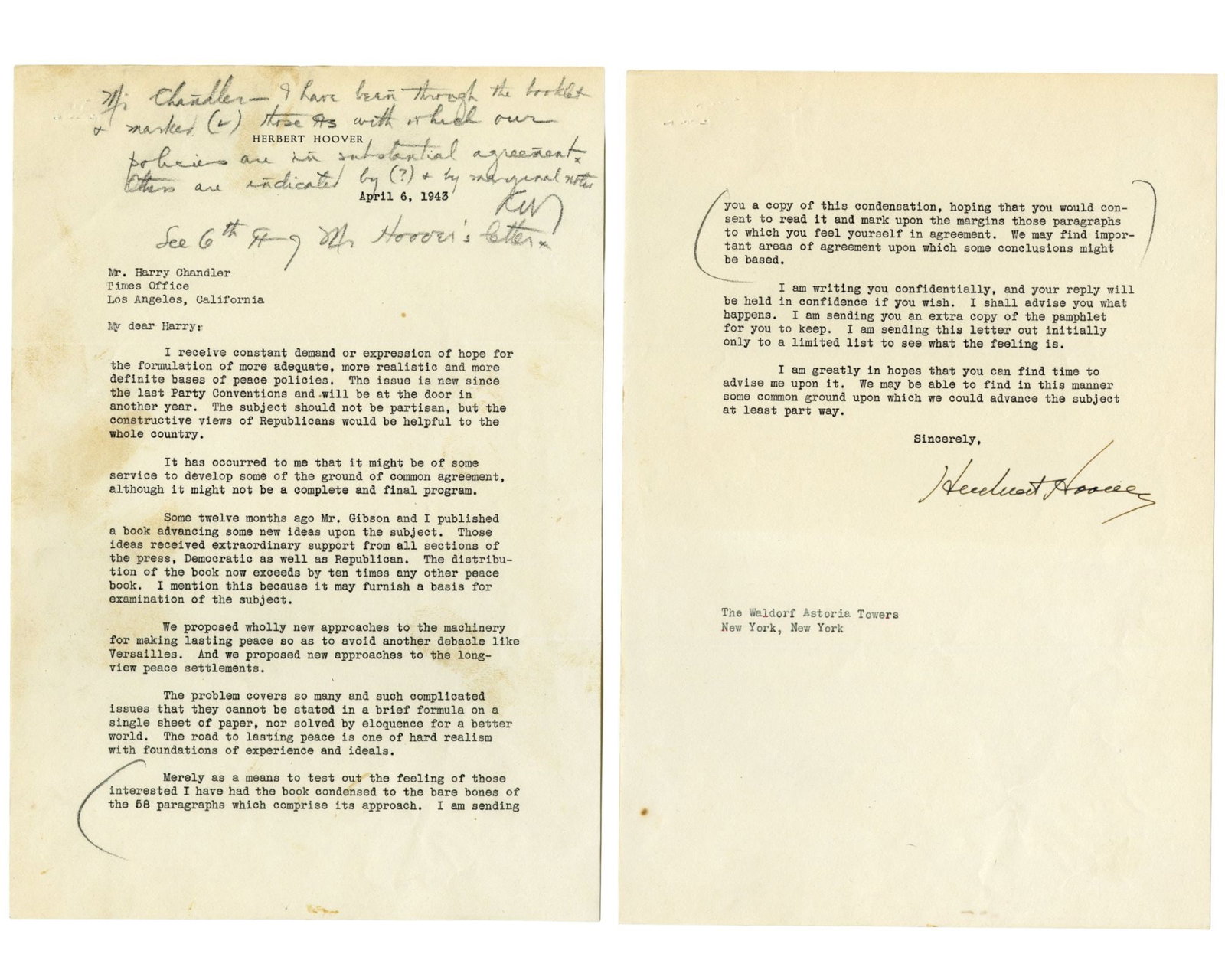 H. Hoover During WWII "avoid another debacle like Versailles" to Make "Lasting Peace": Herbert Hoover New York, NY, April 6, 1943 H. Hoover During WWII "avoid another debacle like Versailles" to Make "Lasting Peace" TLS Typed Letter Signed (TLS) by former President Herbert Hoover,