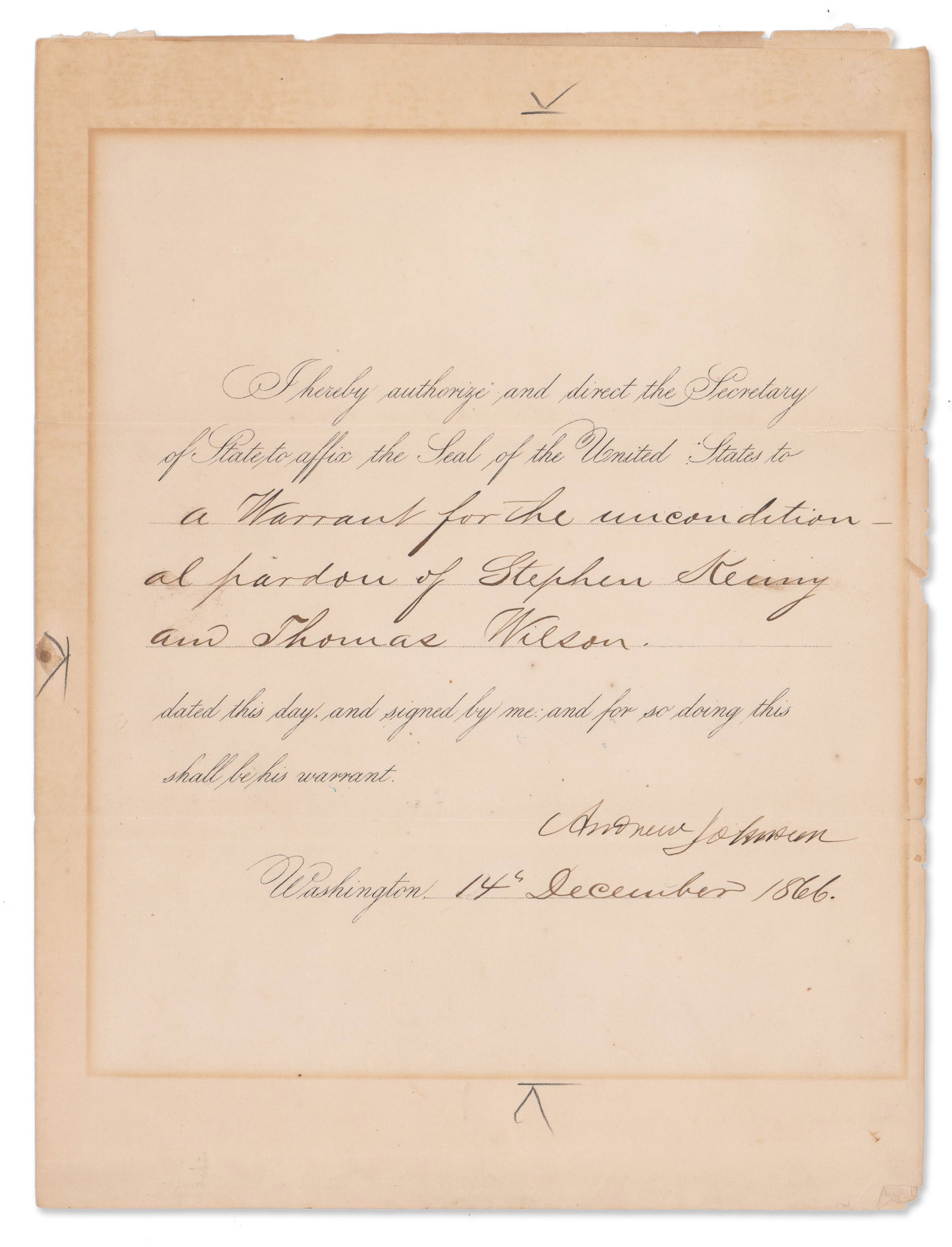 A. Johnson "Affix the Seal" Signed for an Unconditional Pardon (1 of 2)