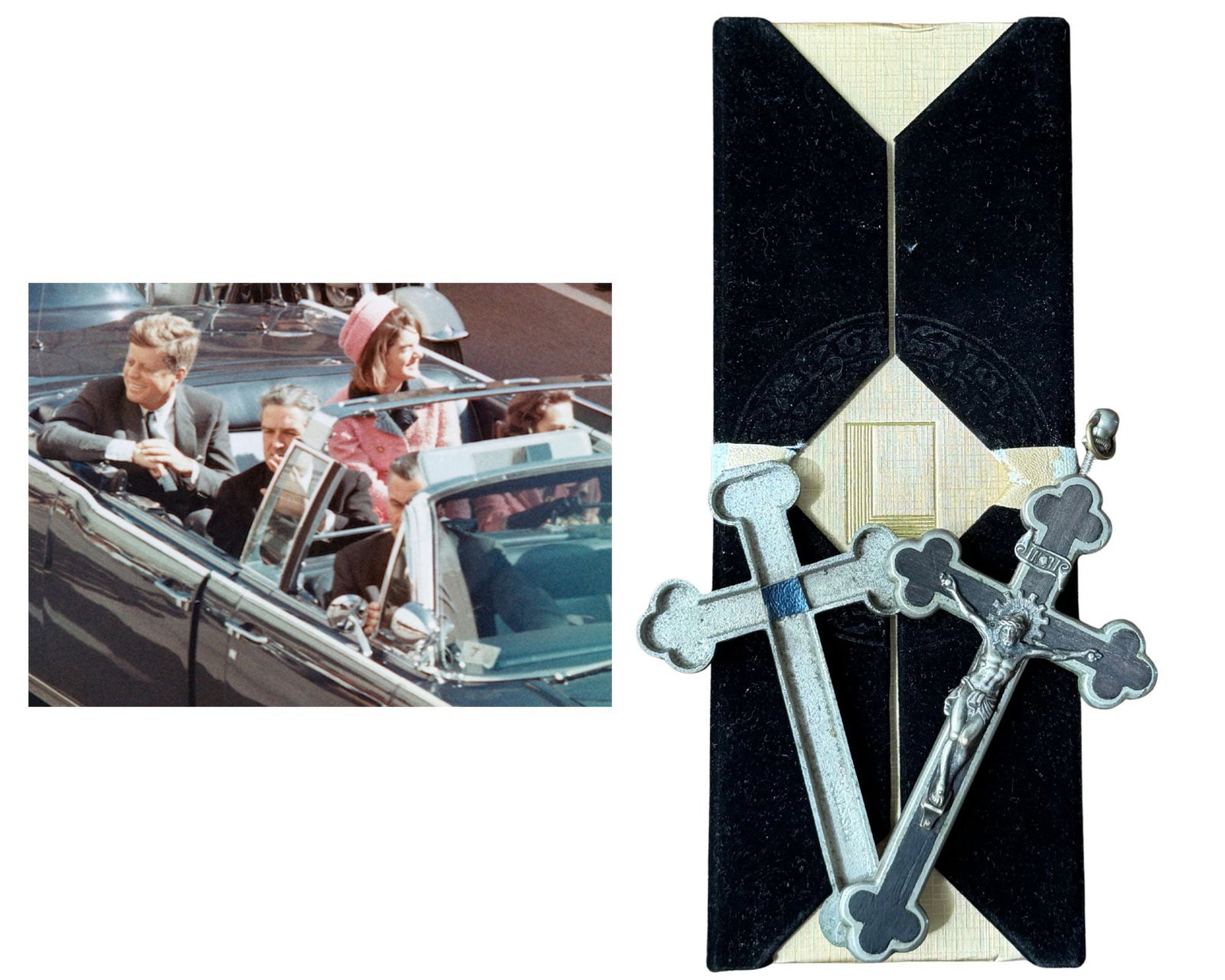 JFK Blood Stained Leather Housed in Blessed Crucifix: John F. Kennedy Dallas, TX, November 22, 1963 JFK Blood Stained Leather Housed in Blessed Crucifix Relic John F. Kennedy assassination relic crucifix containing an authentic fragment of blood-stained 