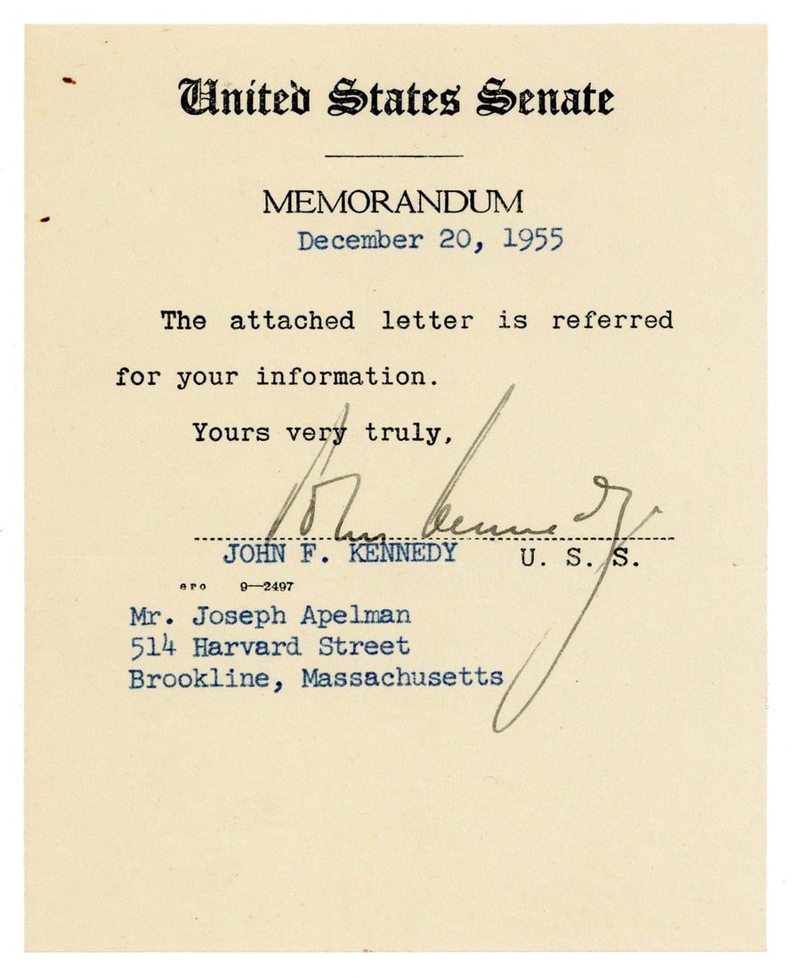 John F. Kennedy Boldly Signed U.S. Senate Memorandum, 2 Weeks Before "Profiles In Courage" Was (1 of 3)