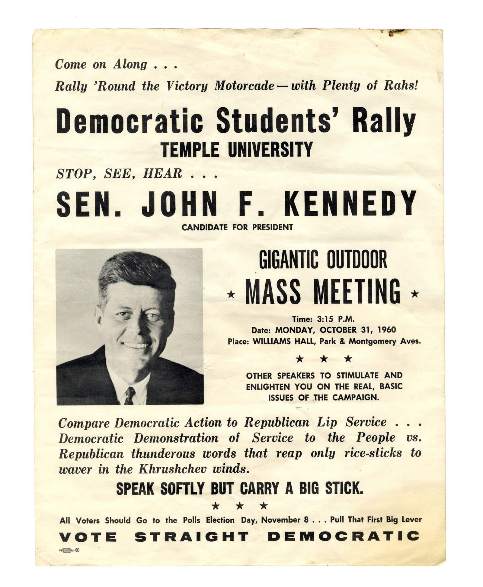 John F. Kennedy Campaign Speech Broadside, One Week Before Election! (1 of 2)