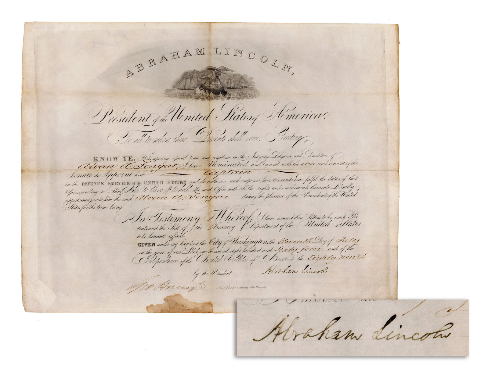 A. Lincoln Appoints Captain of Revenue Service, Precursor to U.S. Coast Guard: Abraham Lincoln Washington, DC, July 17, 1864 A. Lincoln Appoints Captain of Revenue Service, Precursor to U.S. Coast Guard Partially printed DS A partially printed appointment boldly signed by the Pr