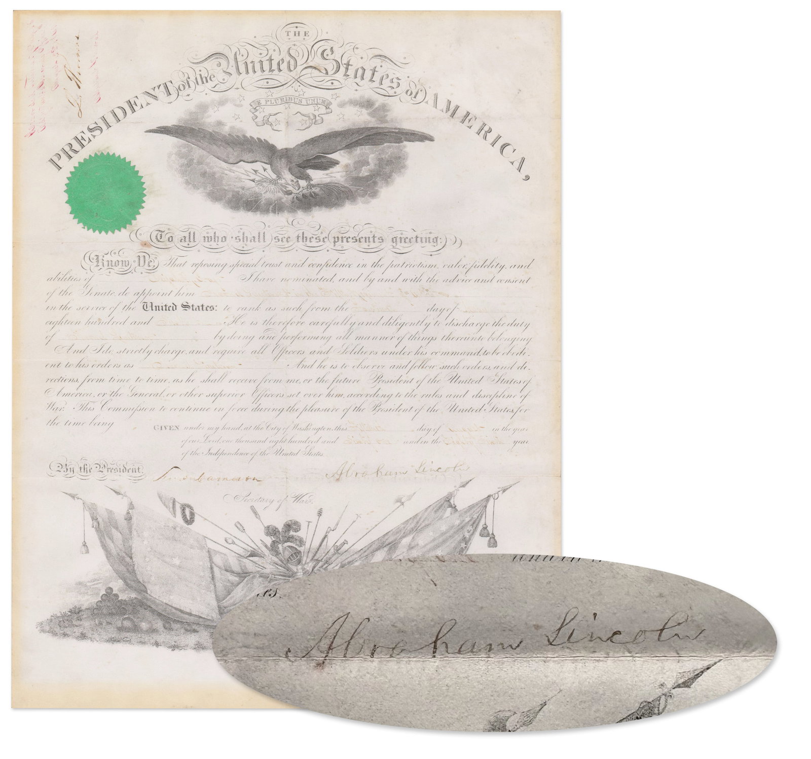 A. Lincoln Military Appointment for an Officer in the 5th Regiment of Artillery - Newly Created to (1 of 3)