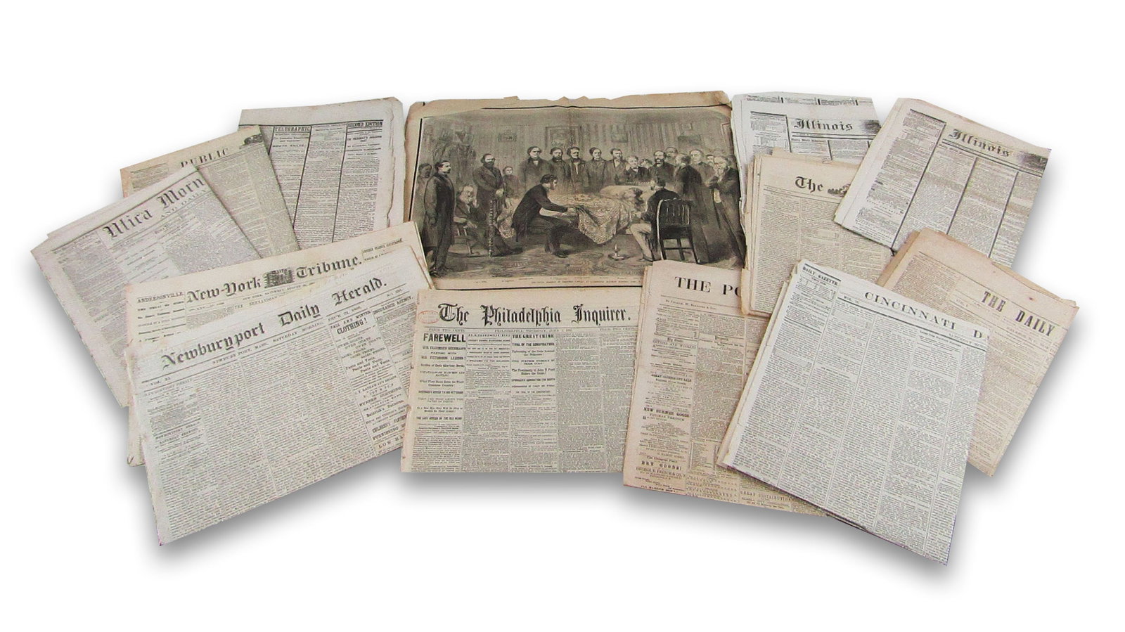 [Lincoln Assassination] Lot of 13 Newspapers Discussing Booth & Conspirators, 1865-1867 (1 of 6)