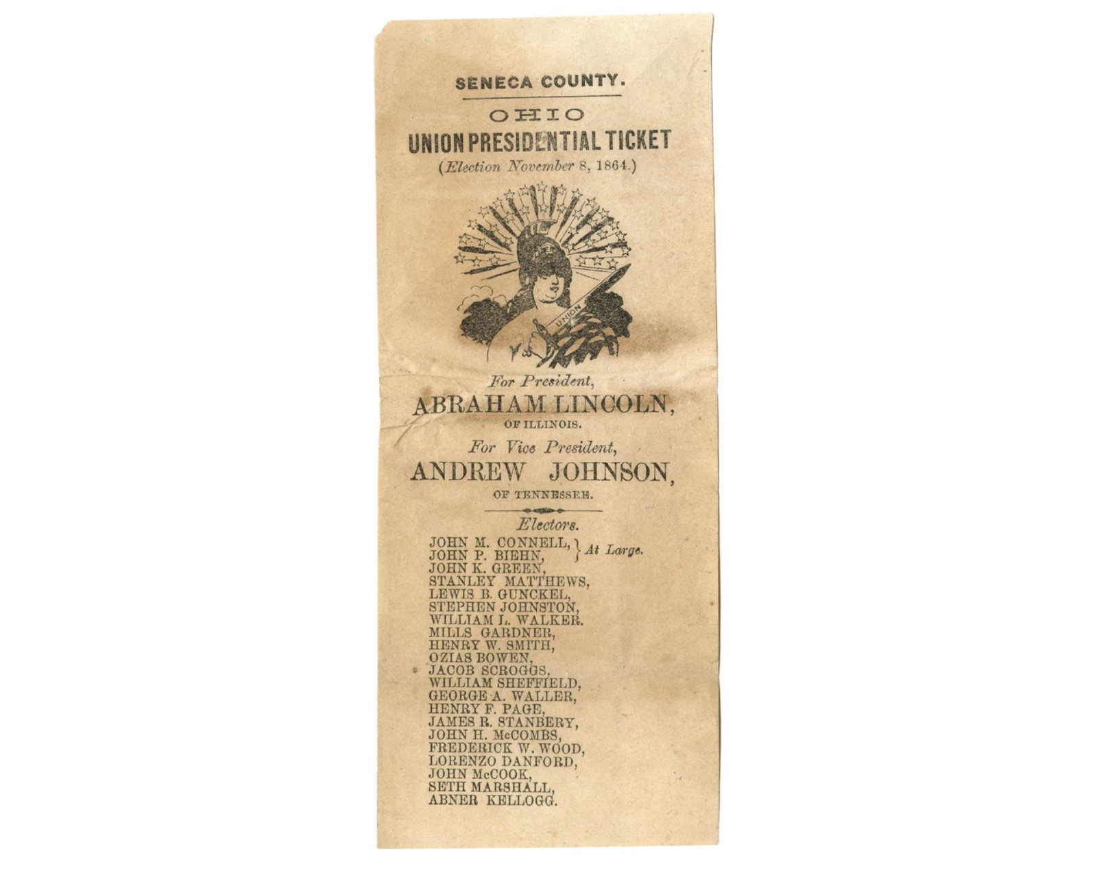Abraham Lincoln for President in 1864! A Soldier's Used Mail-In Ballot from Ohio: Abraham Lincoln Seneca County, OH, November 8, 1864 Abraham Lincoln for President in 1864! A Soldier's Used Mail-In Ballot from Ohio Ticket/Invitation A soldier's used ballot from Seneca County, Ohio,