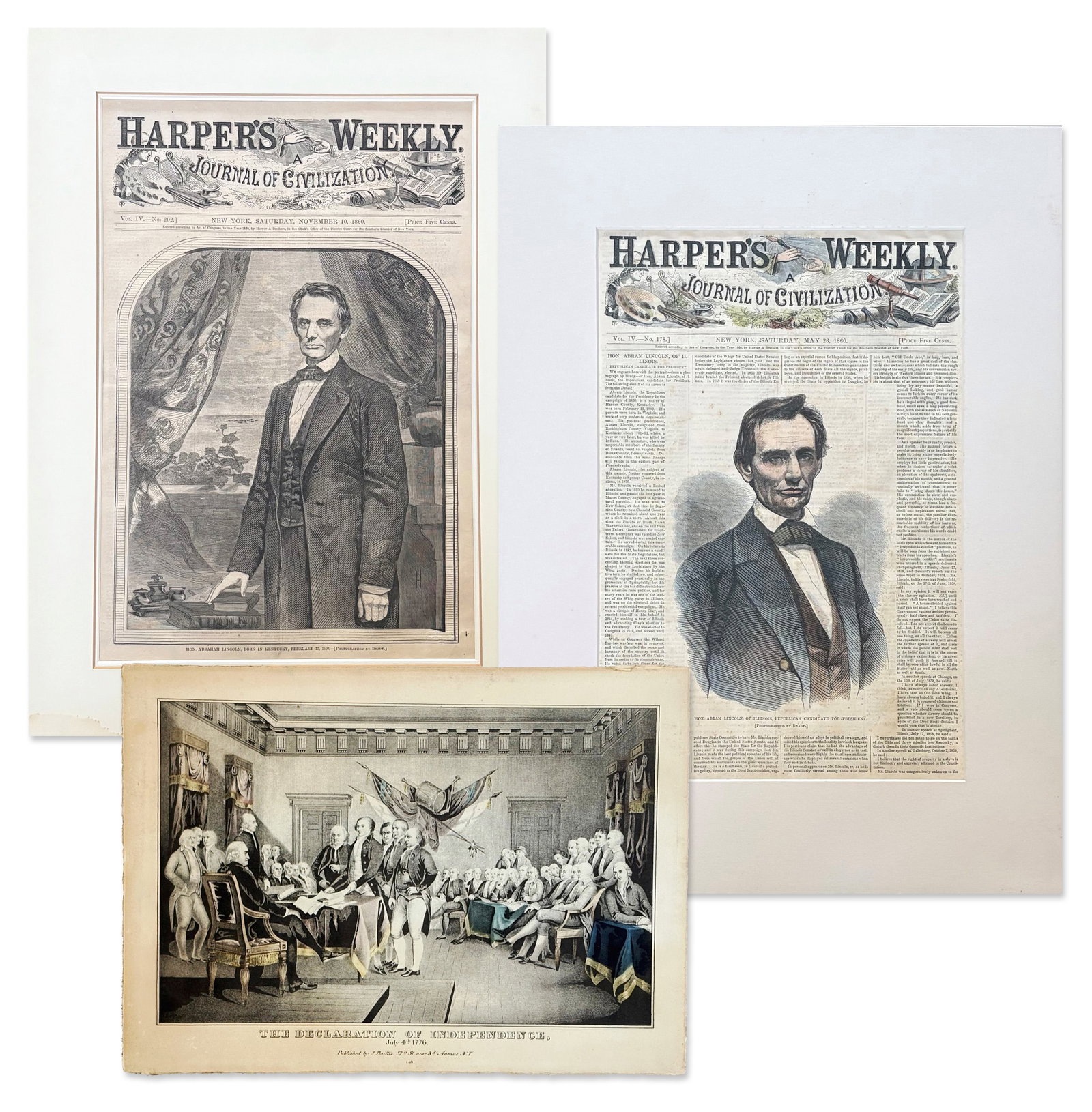 Two Abraham Lincoln Woodcuts and Trumbull's "Declaration of Independence" Lithograph (1 of 4)