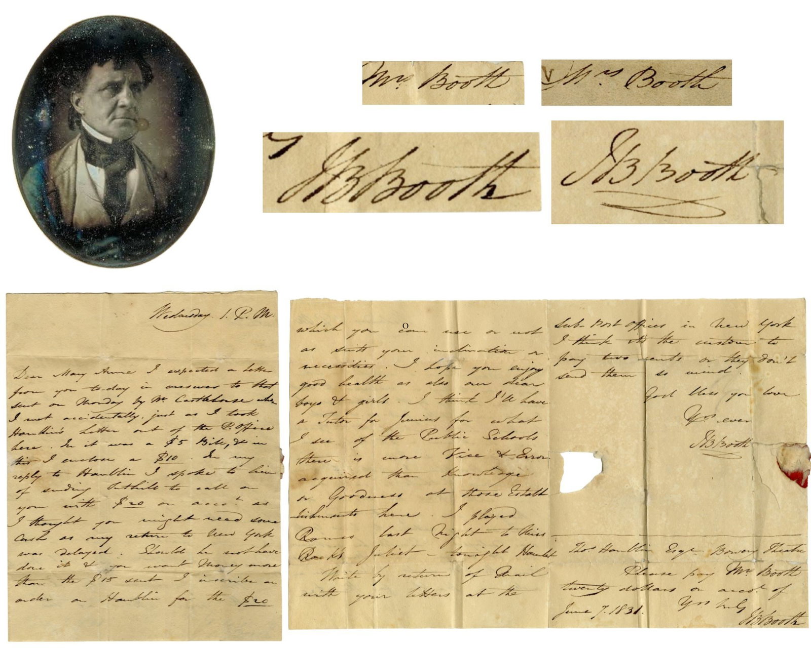 J.W. Booth's Father on Concern for his Children, Signed 4x! Very Rare ALS!: Junius Brutus Booth n.p., June 7, 1831 J.W. Booth's Father on Concern for his Children, Signed 4x! Very Rare ALS! ALS Very scarce and deeply poignant ALS, dated June 7, 1831, signed within four times 
