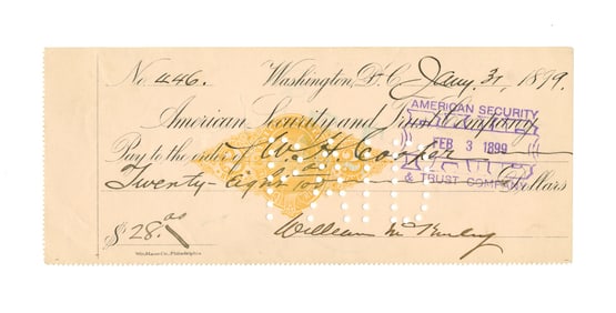 William McKinley Boldly Signed Check as President