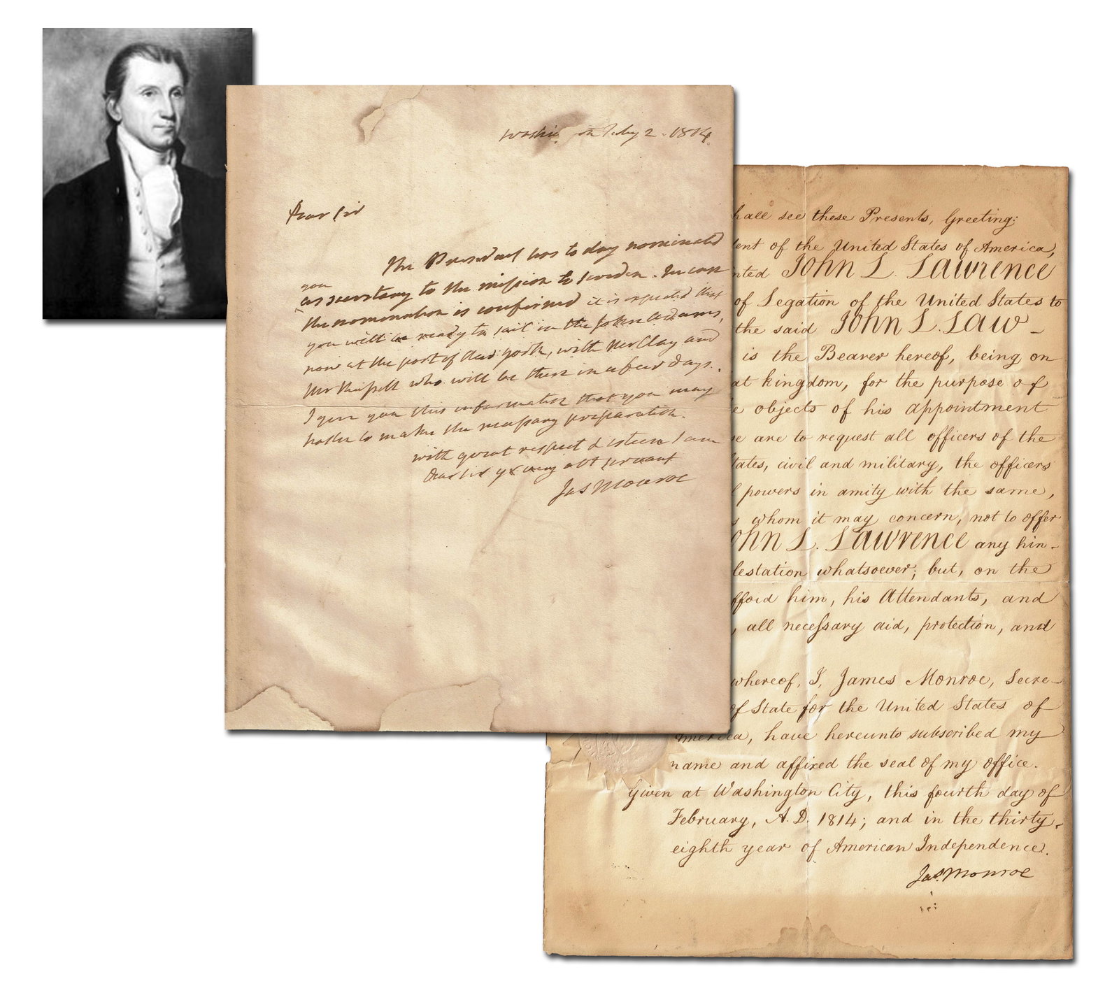 James Monroe ALS on Appointment of John Lawrence to the Swedish Delegation During the War of 1812 (1 of 7)