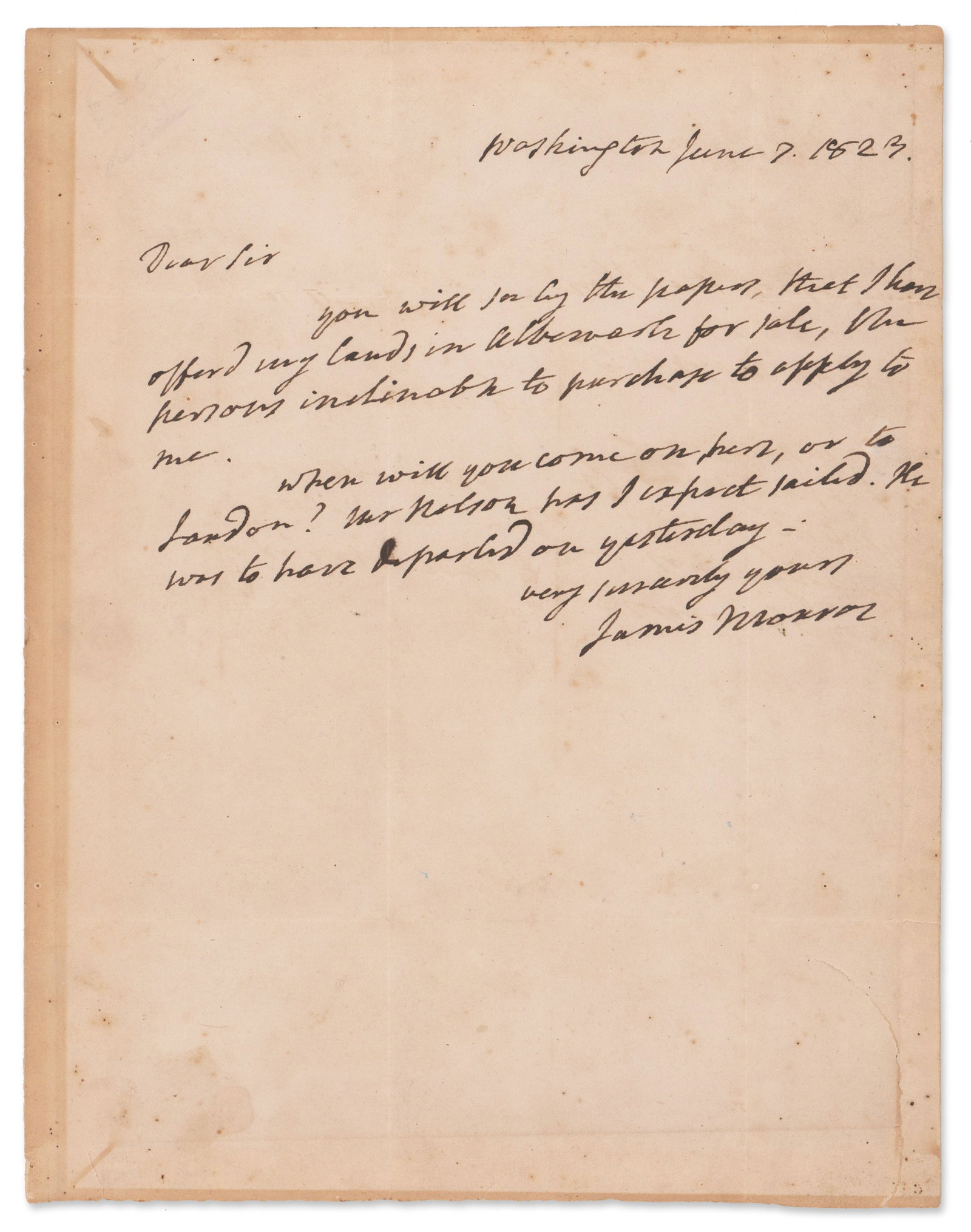 In Financial Straits, James Monroe Sells Land in Albemarle - ALS as President (1 of 2)