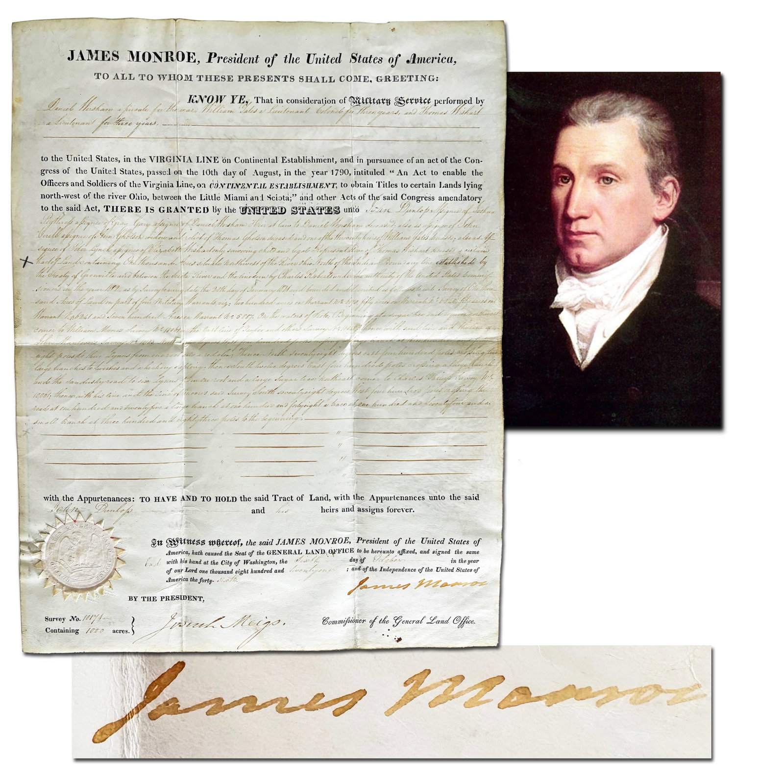 James Monroe as Pres. Signed U.S. Land Grant, 1821 (1 of 6)