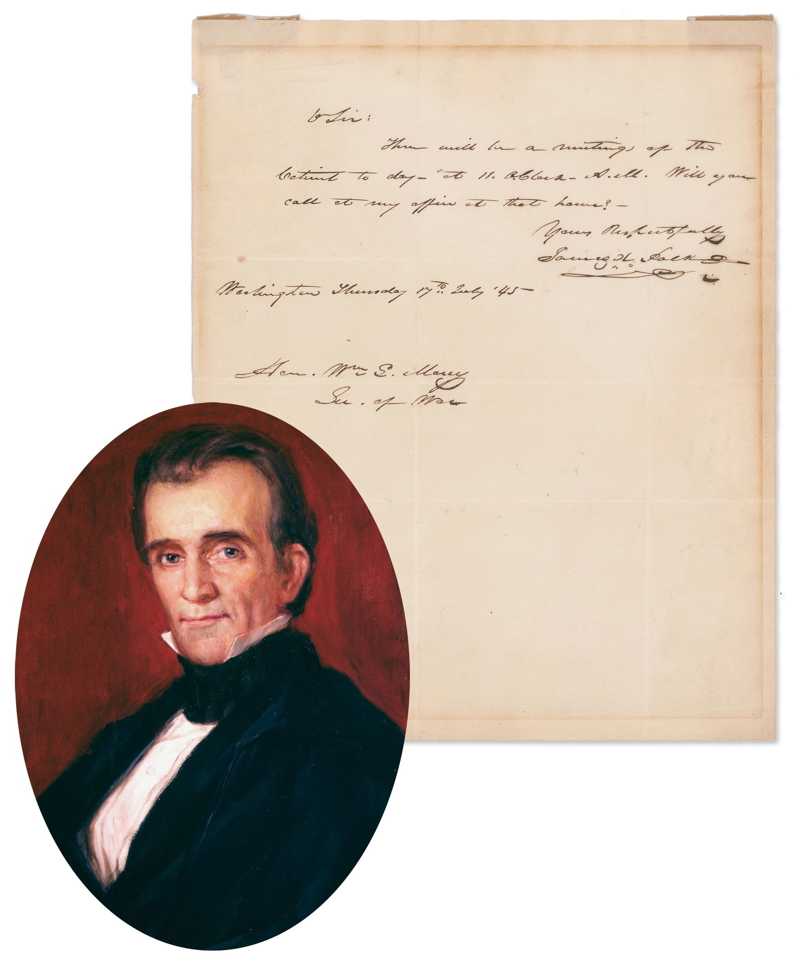 J. Polk ALS as President Calling for a Cabinet Meeting: James Polk Washington, DC, July 17, 1845 J. Polk ALS as President Calling for a Cabinet Meeting ALS James K. Polk autograph letter signed as President. 1p, 8” x 9.875”; Washington; July 17