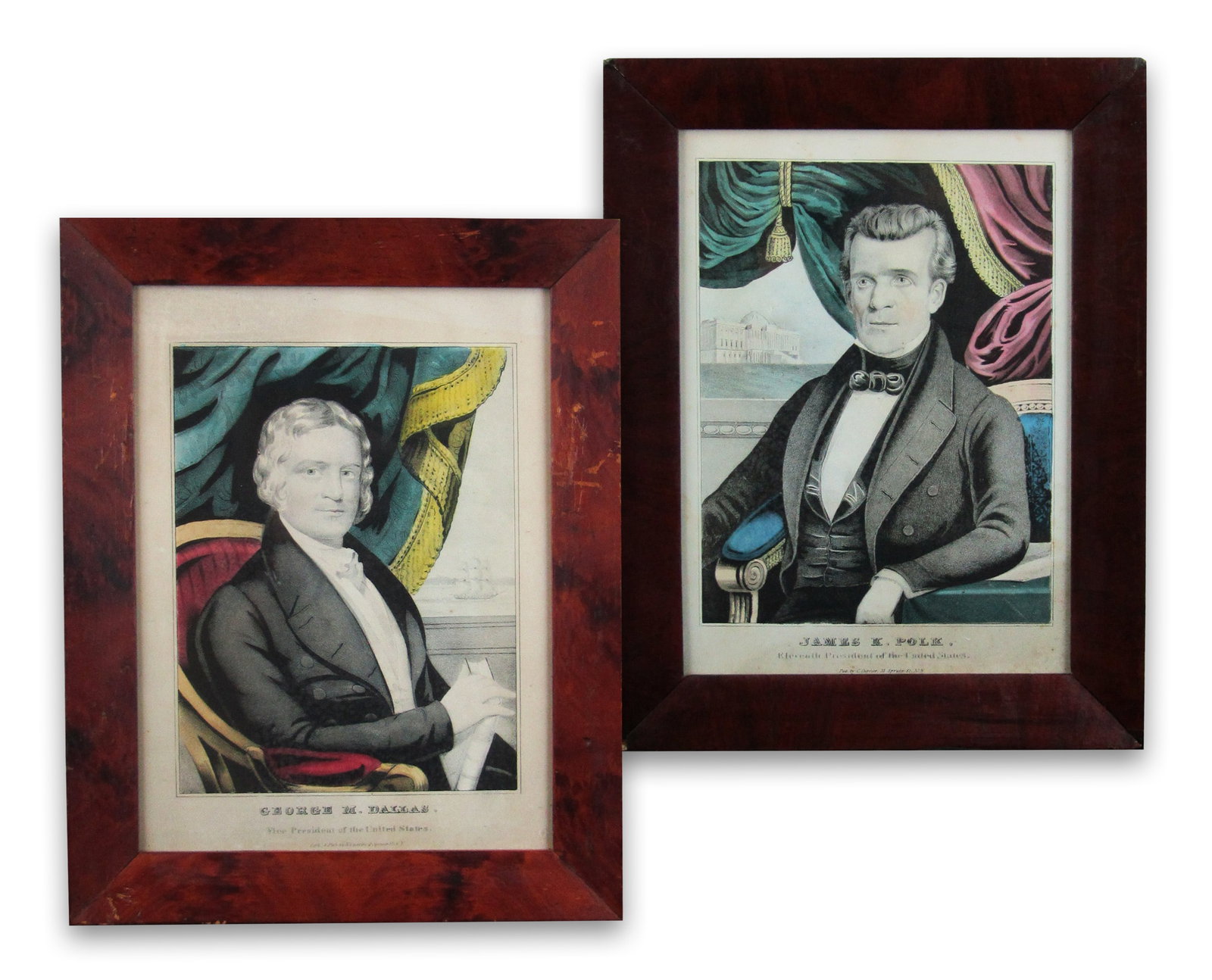 James K. Polk & George Dallas Colored Lithographs by Currier: James K. Polk New York, NY, ca. 1844 James K. Polk & George Dallas Colored Lithographs by Currier Lithograph A pair of hand colored lithographs featuring President James K. Polk and Vice President Geo