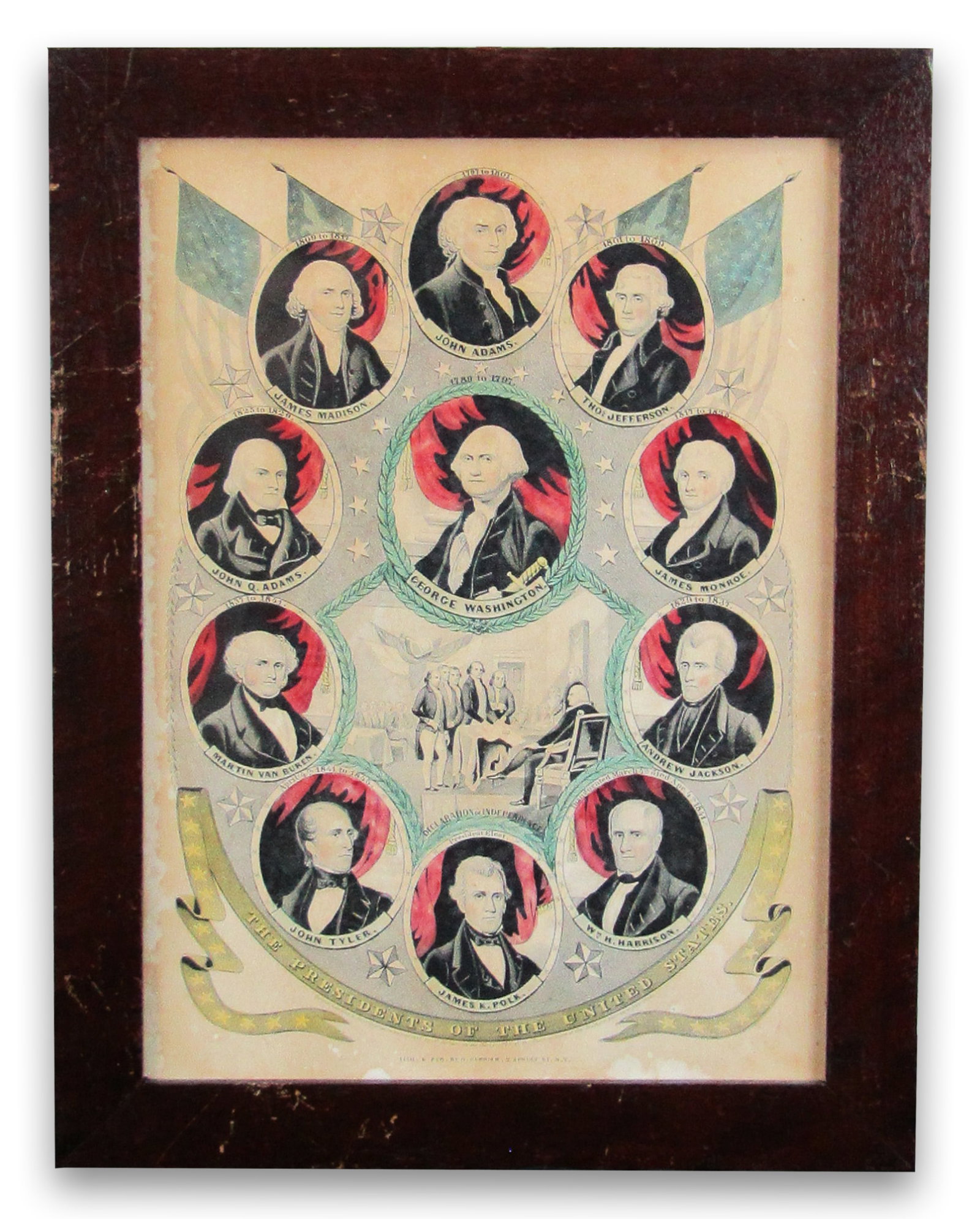 Presidents of the United States (1844) Hand Colored Lithograph by Currier & Ives: Presidents New York, NY, ca. 1844 Presidents of the United States (1844) Hand Colored Lithograph by Currier & Ives Lithograph Hand colored lithograph print of the first eleven U.S. Presidents, from Ge
