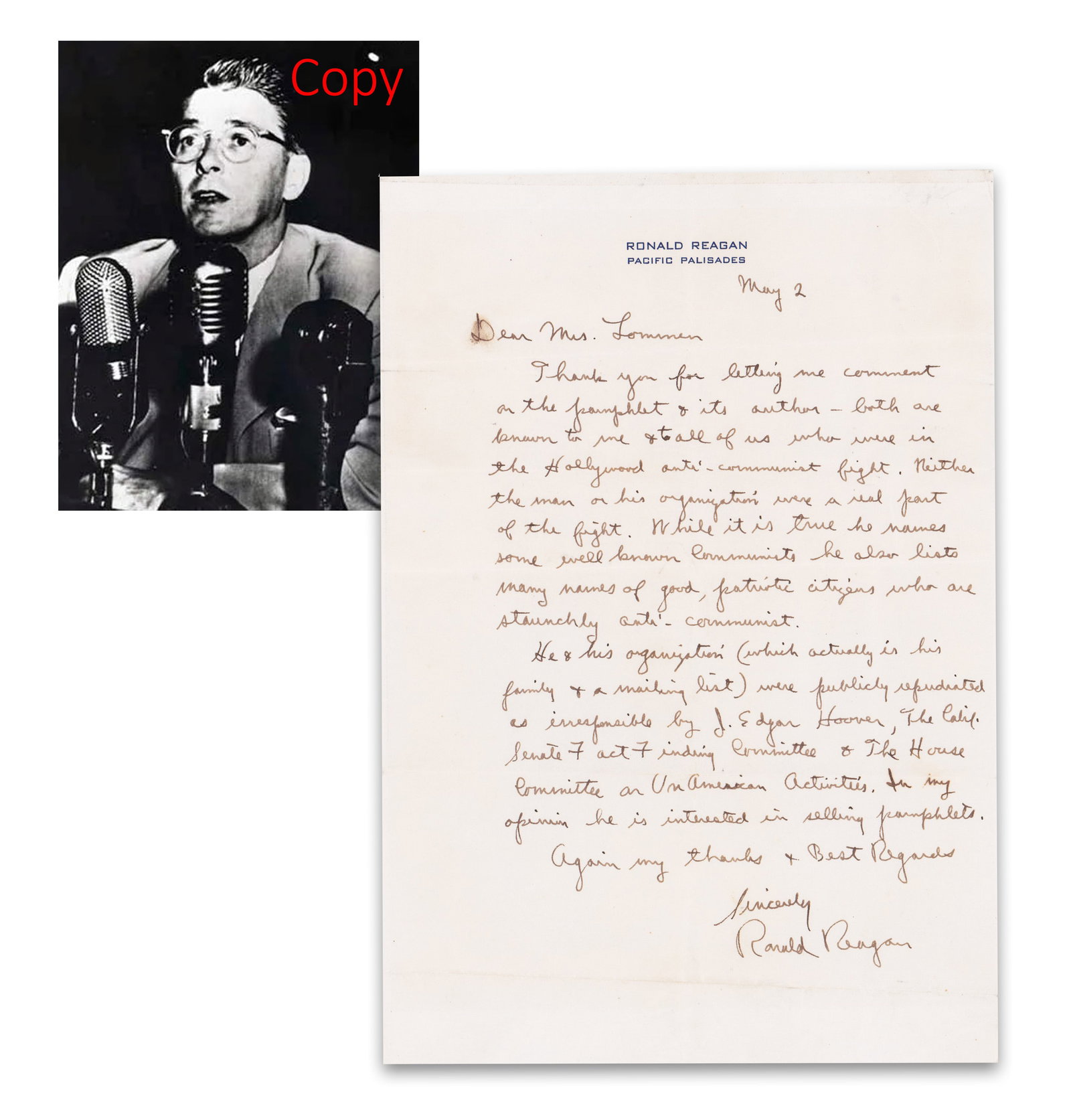 Ronald Reagan ALS: "Hollywood anti-communist fight", Great Content, Hoover Too! JSA LOA: Ronald Reagan Pacific Palisades, CA, May 2, [1962] Ronald Reagan ALS: "Hollywood anti-communist fight", Great Content, Hoover Too! JSA LOA ALS A content rich autograph letter from Ronald Reagan discus
