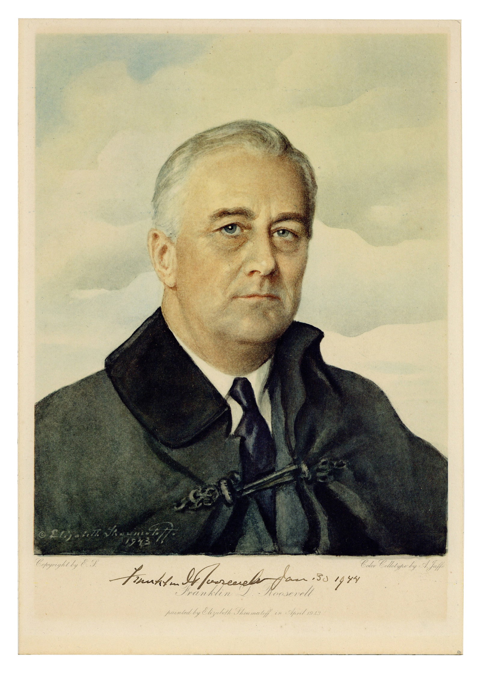 Franklin D. Roosevelt Color Collotype Portrait After Shoumatoff, Signed On His Penultimate Birthday!: Franklin Roosevelt [Washington, DC], January 30, 1944 Franklin D. Roosevelt Color Collotype Portrait After Shoumatoff, Signed On His Penultimate Birthday! Signed artwork A color collotype of 32nd U.S.