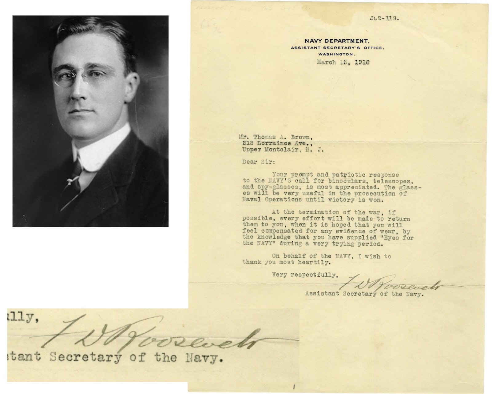 FDR "Patriotic Response...until victory is won" Boldly Signed "Eyes for the Navy" Letter: Franklin Roosevelt Washington, DC, March 13, 1918 FDR "Patriotic Response...until victory is won" Boldly Signed "Eyes for the Navy" Letter TLS An important World War I-era Typed Letter Signed (TLS) by