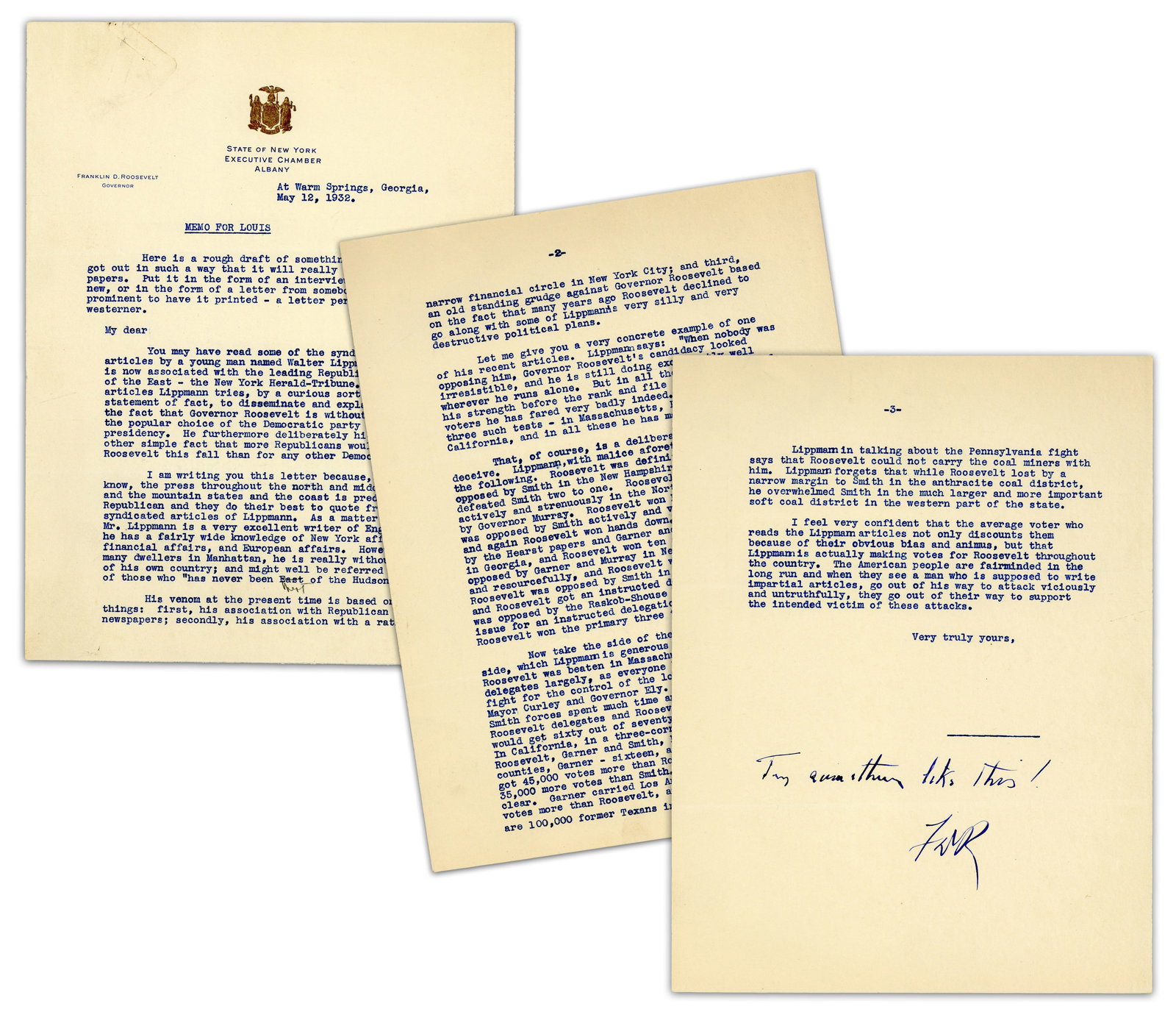 Franklin Roosevelt, Pres. Candidate, Fights Back Against Walter Lippmann, Who Is "actually making: Franklin Roosevelt Warm Springs, GA, May 12, 1932 Franklin Roosevelt, Pres. Candidate, Fights Back Against Walter Lippmann, Who Is "actually making votes for Roosevelt throughout the country" TDS A 3p