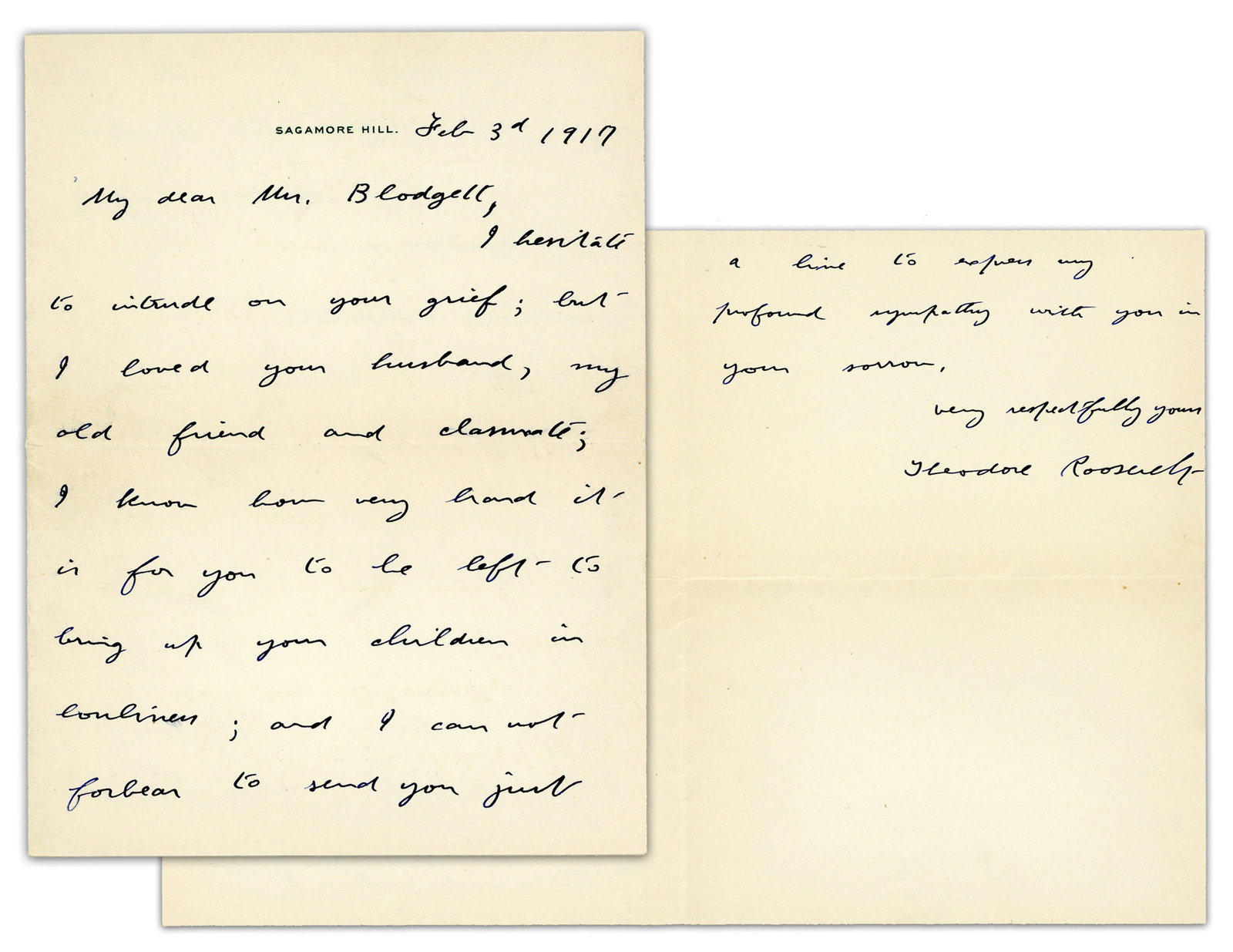 Teddy Roosevelt ALS Consoling Harvard Chum's Widow: "I know how very hard it is for you to be left - (1 of 4)