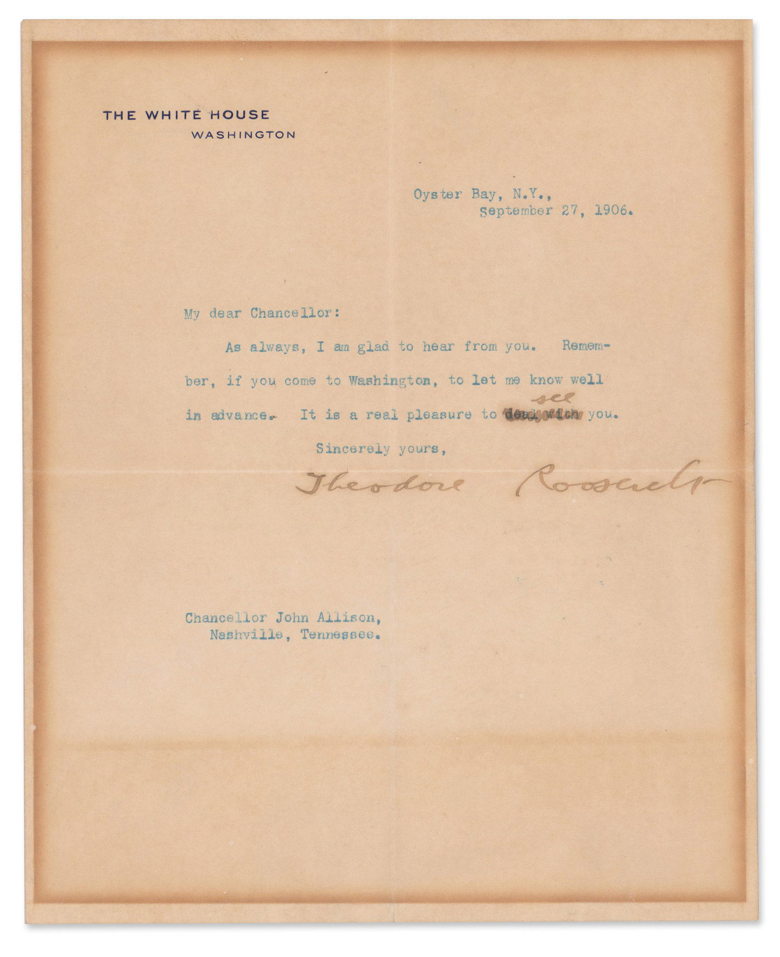 T. Roosevelt TLS as President from Sagamore Hill (1 of 2)