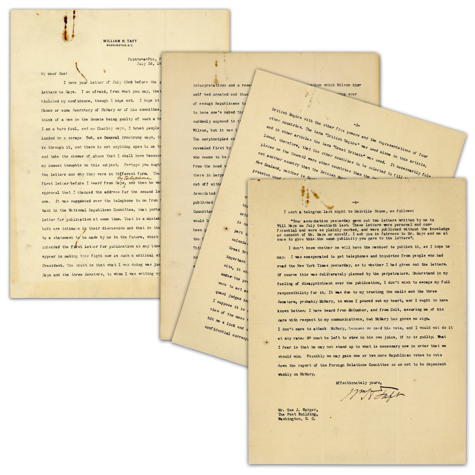 William H. Taft's Real Thoughts About League of Nations Leaked To Press In July 1919 (1 of 6)