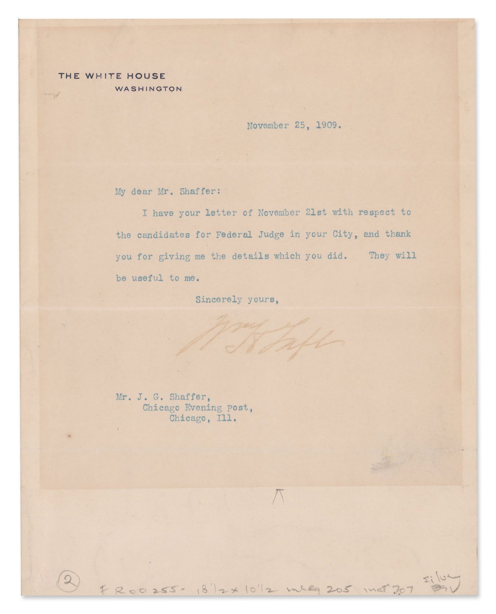 Wm. H. Taft TLS Re: Federal Judicial Appointment in Chicago (1 of 2)