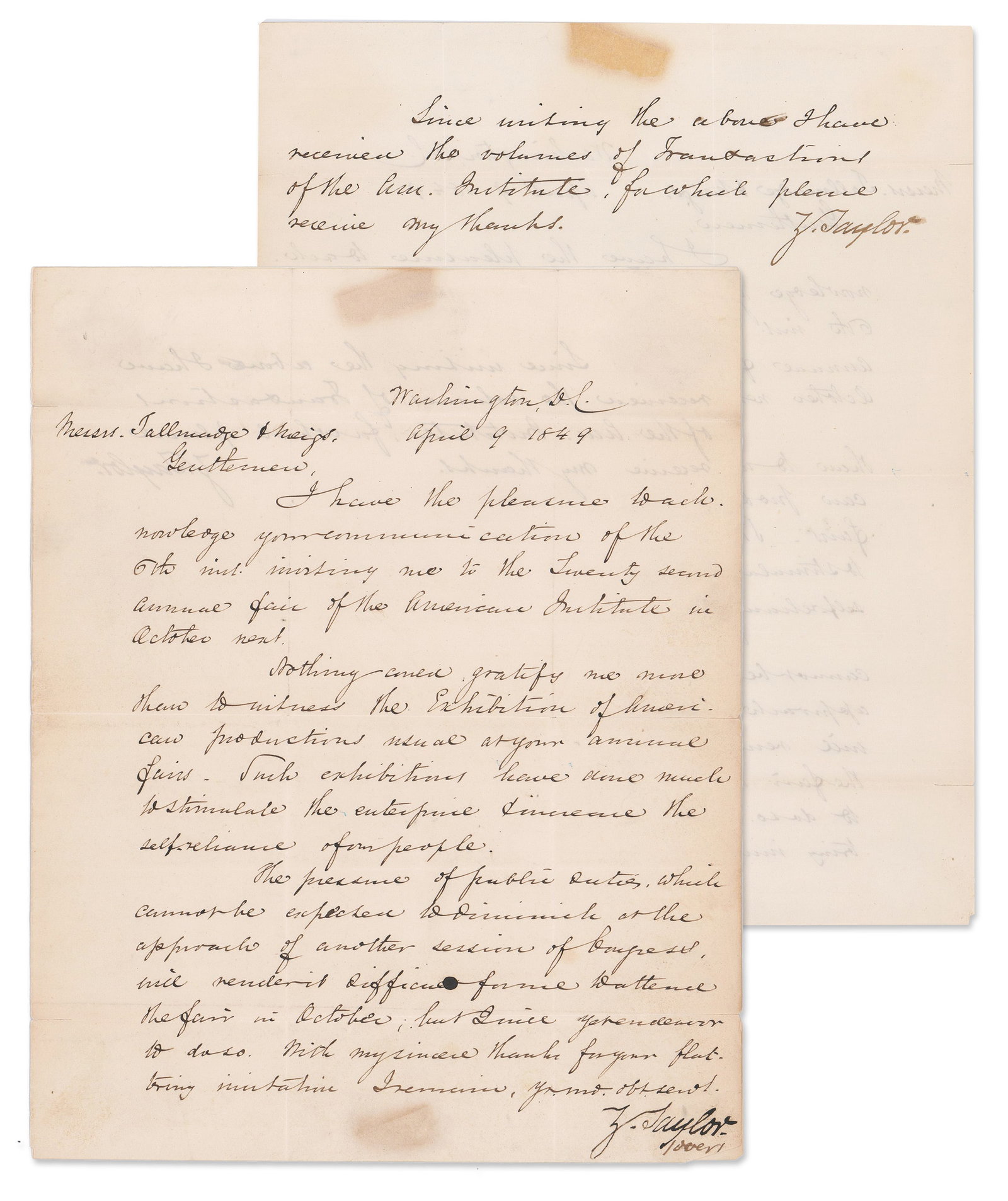 Z. Taylor Twice Signed Letter as President in Support of American Innovation (1 of 5)