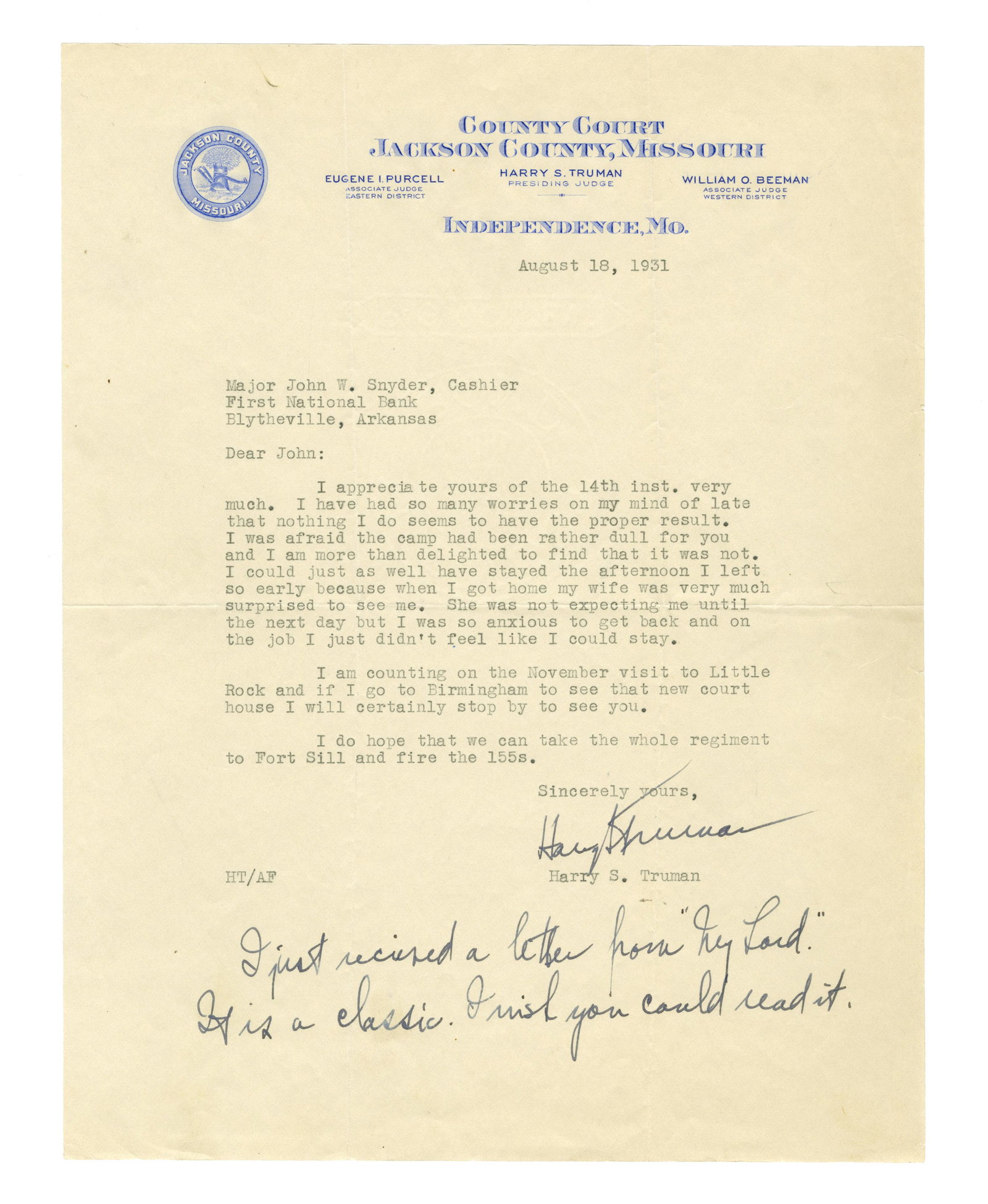 Harry Truman Early TLS to Future Treasury Secretary (1 of 2)