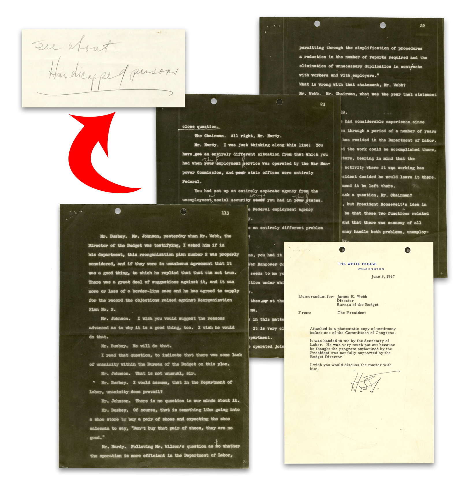 Harry Truman TLS to Budget Director re: "testimony before… Committees of Congress", With 3pp (1 of 6)