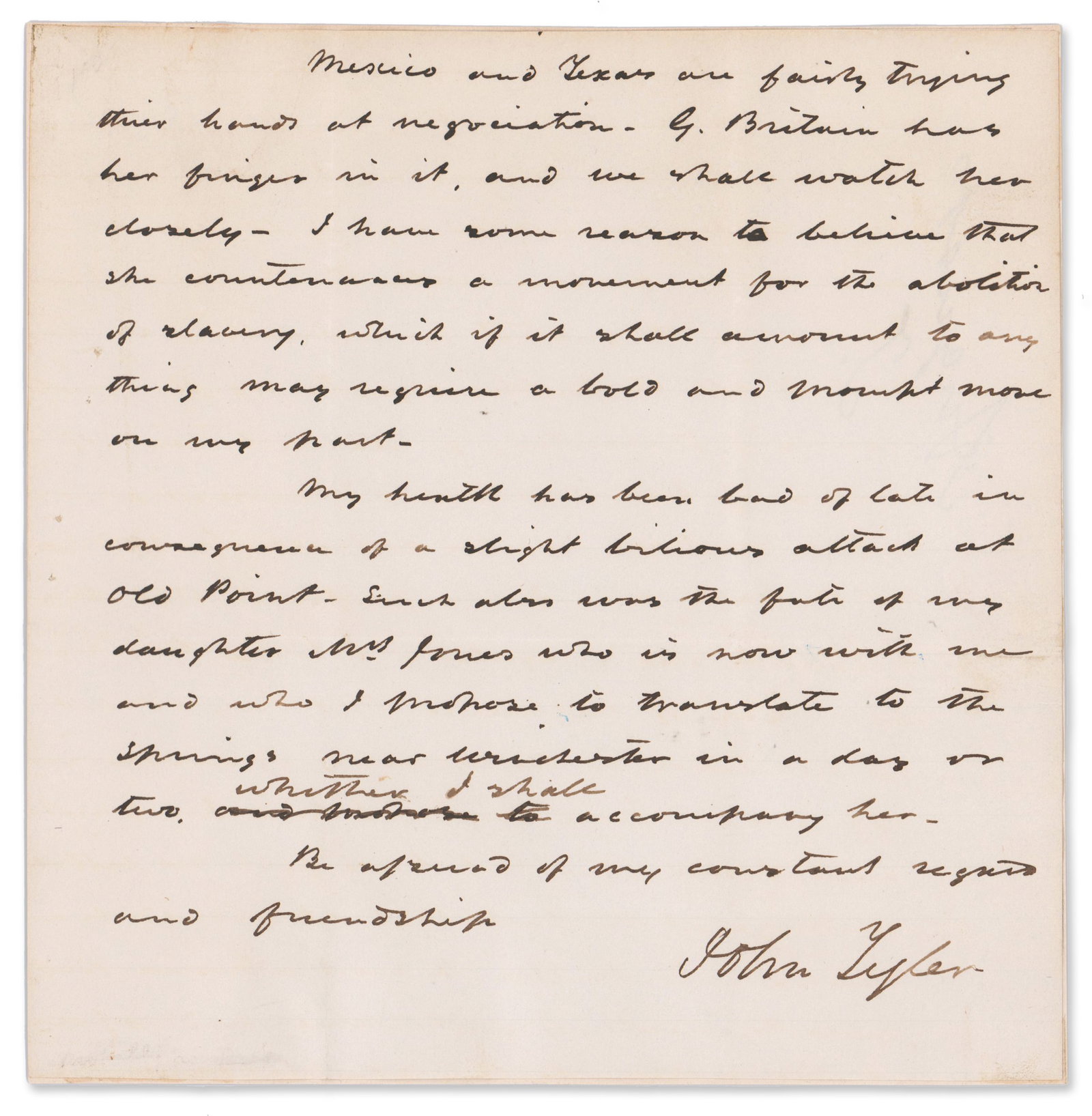 J. Tyler Cautions that Britain "countenances a movement for the abolition of slavery" in Texas (1 of 1)