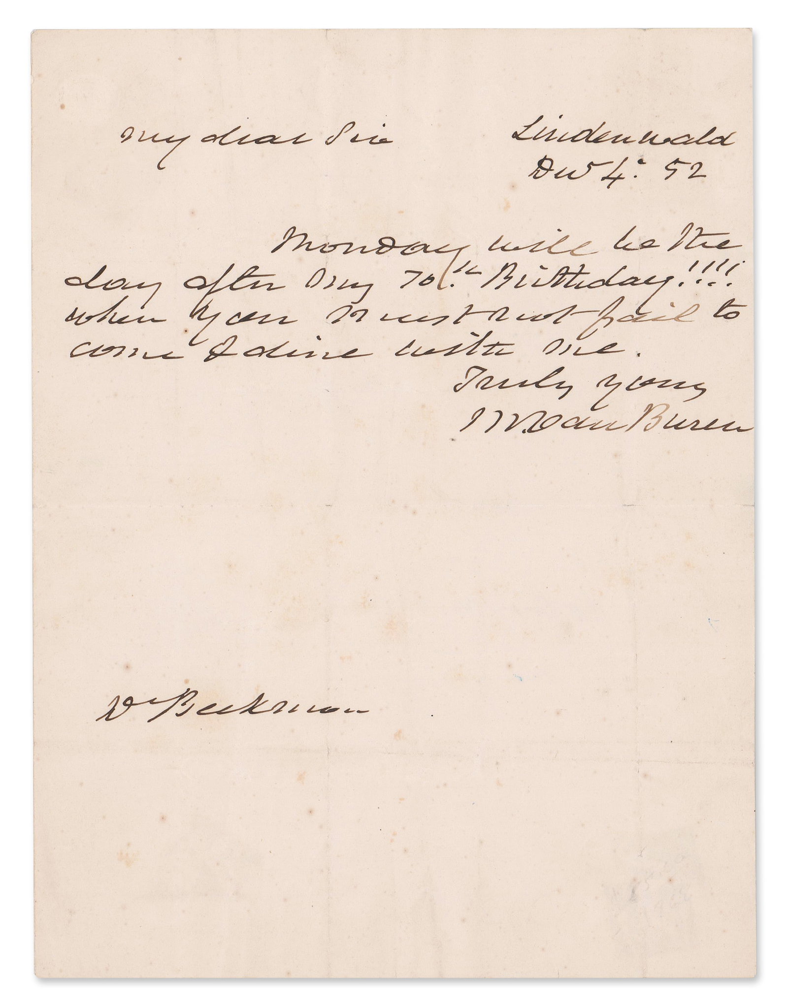 Van Buren ALS: An Invitation to Dinner "the day after [his] 70th Birthday!!!!" (1 of 2)