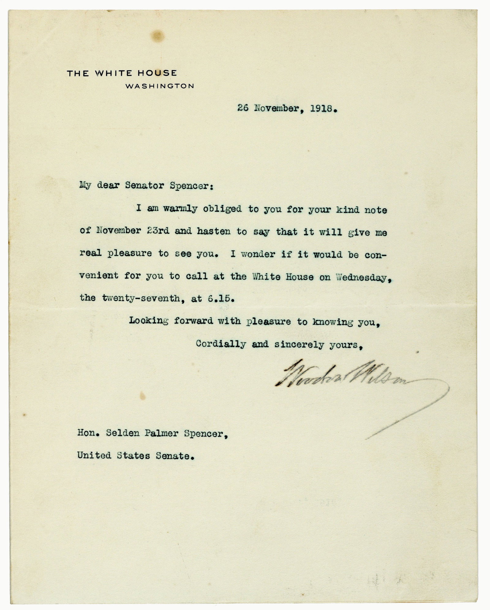 Woodrow Wilson TLS To Senator 2 Days Before Special National Thanksgiving Day For Recent Armistice,: Woodrow Wilson [Washington, DC], November 26, 1918 Woodrow Wilson TLS To Senator 2 Days Before Special National Thanksgiving Day For Recent Armistice, Ex. Doug Wertman TLS A 1p typed letter signed by