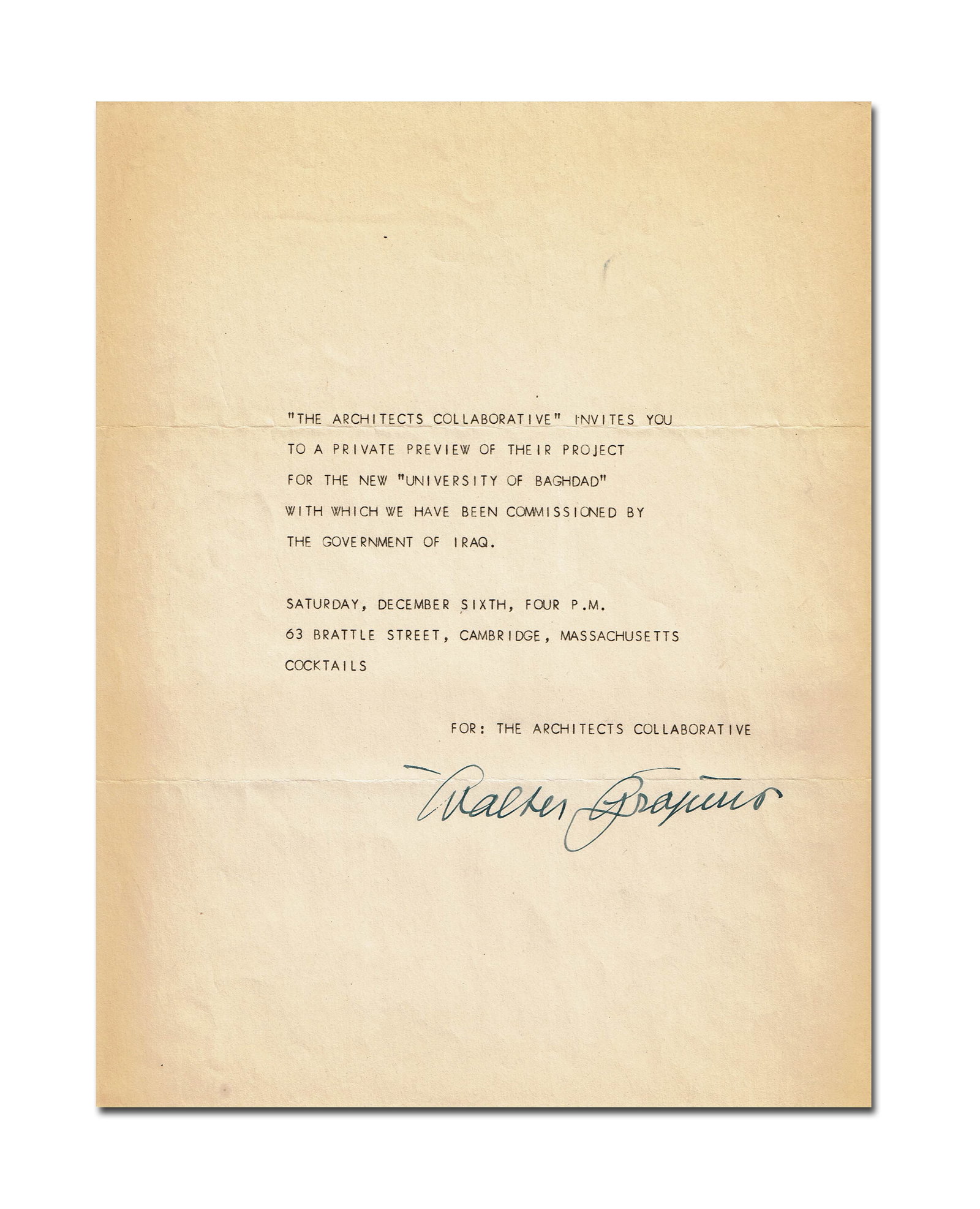 Walter Gropius Signed Invitation to Preview New University of Baghdad Project (1 of 3)