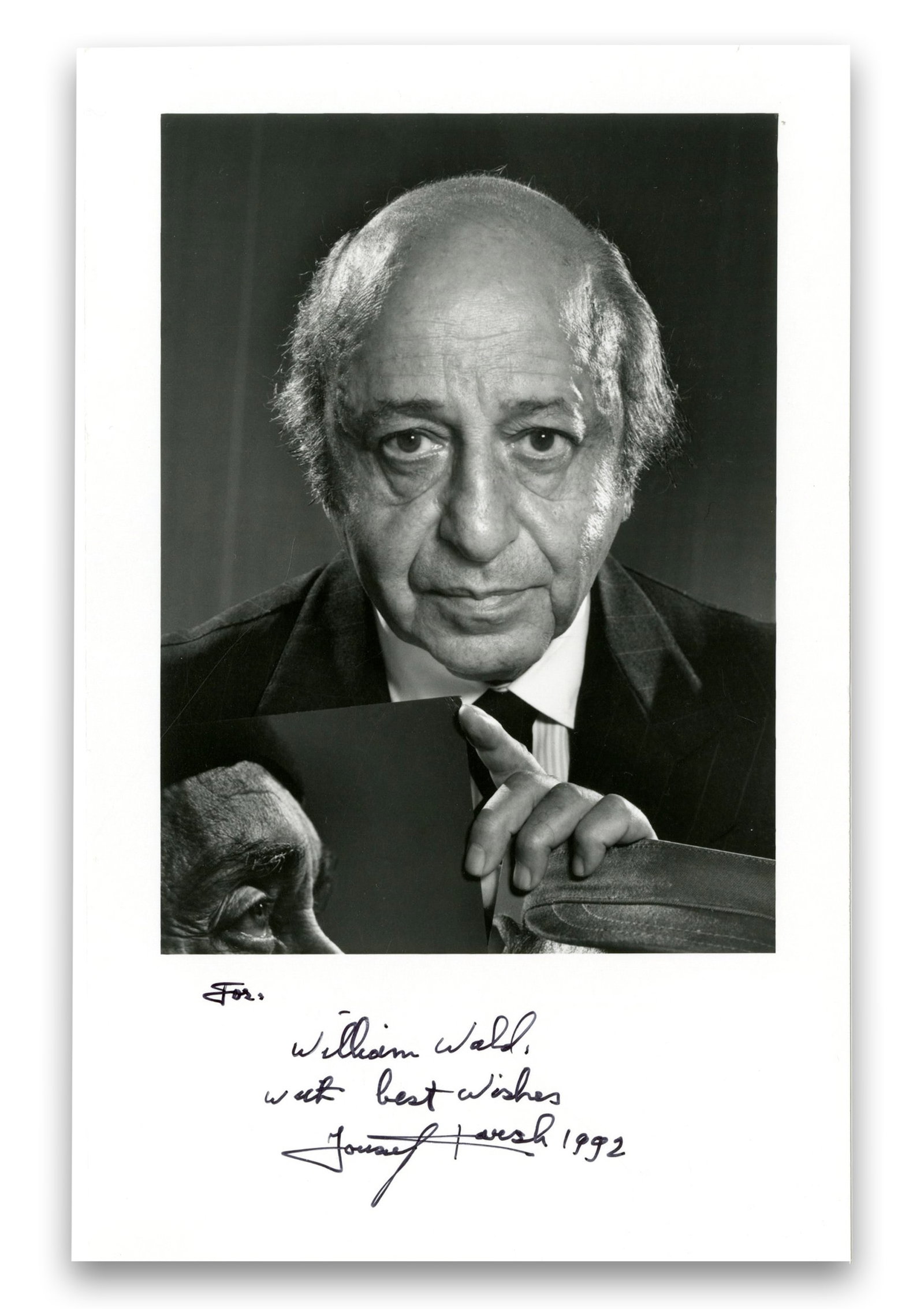 Yousuf Karsh Signed & Inscribed Self Portrait: Yousuf Karsh n.p., ca. 1992 Yousuf Karsh Signed & Inscribed Self Portrait Signed photograph A black and white photographic print of famed Armenian-Canadian photographer Yousuf Karsh (1908-2002). 1p, m