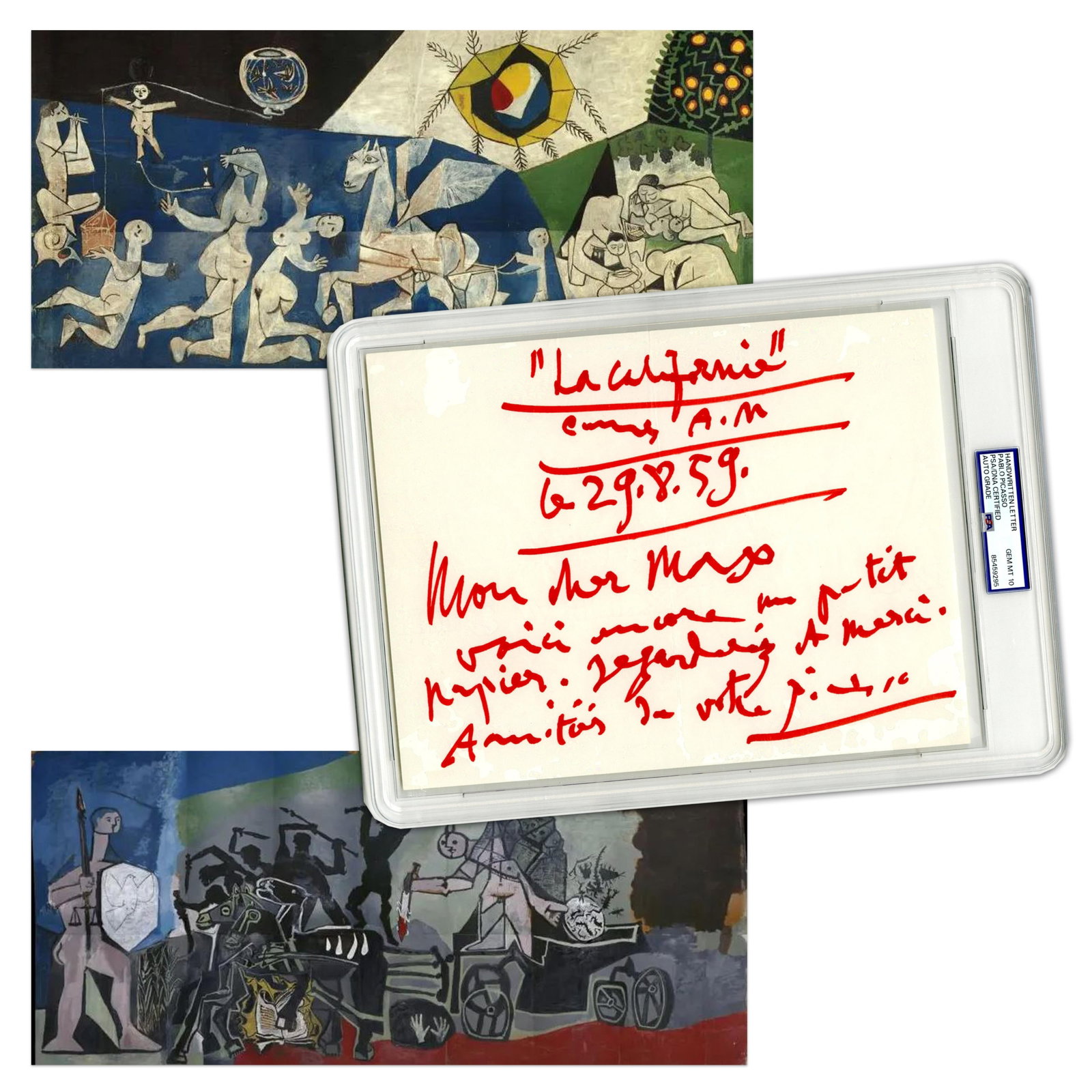 Pablo Picasso PSA GEM MT 10 Rare ALS Dated Just Before "War & Peace" at Vallauris Chapel Was: Pablo Picasso Cannes, France, August 29, 1959 Pablo Picasso PSA GEM MT 10 Rare ALS Dated Just Before "War & Peace" at Vallauris Chapel Was Officially Inaugurated ALS A 1p autograph letter in French