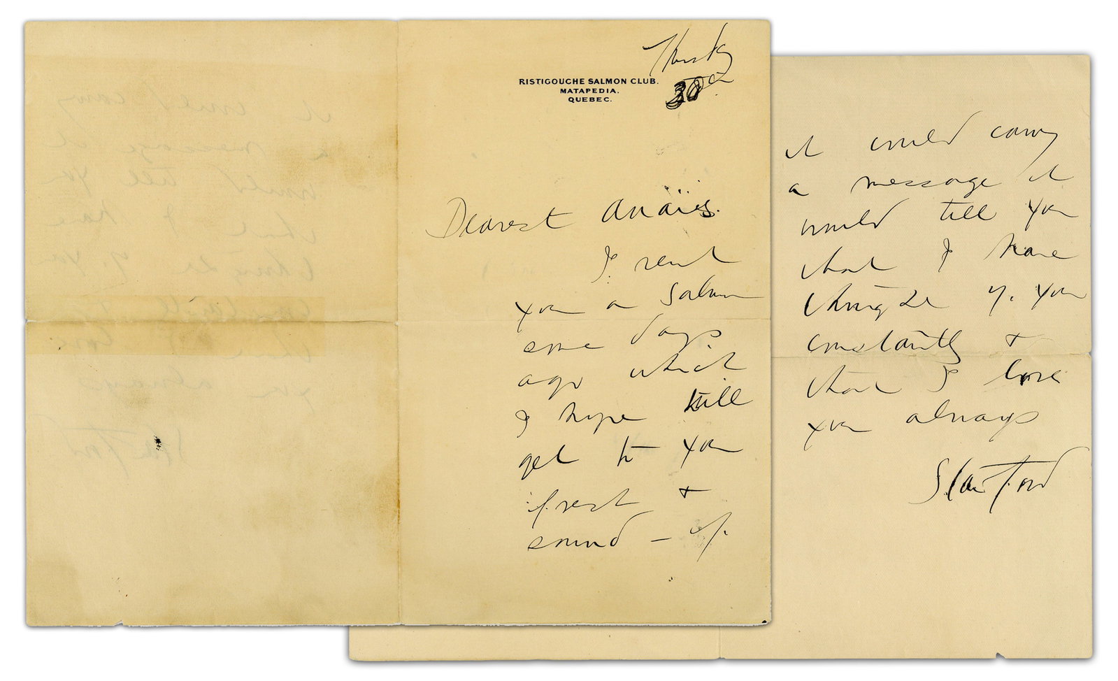 Stanford White ALS From Canadian Salmon Club, Where He Hobnobbed With Angler Millionaire Patrons: Stanford White [Ristigouche Salmon Club, Quebec, Canada, "Thursday / 30th" Stanford White ALS From Canadian Salmon Club, Where He Hobnobbed With Angler Millionaire Patrons ALS A 2pp autograph letter
