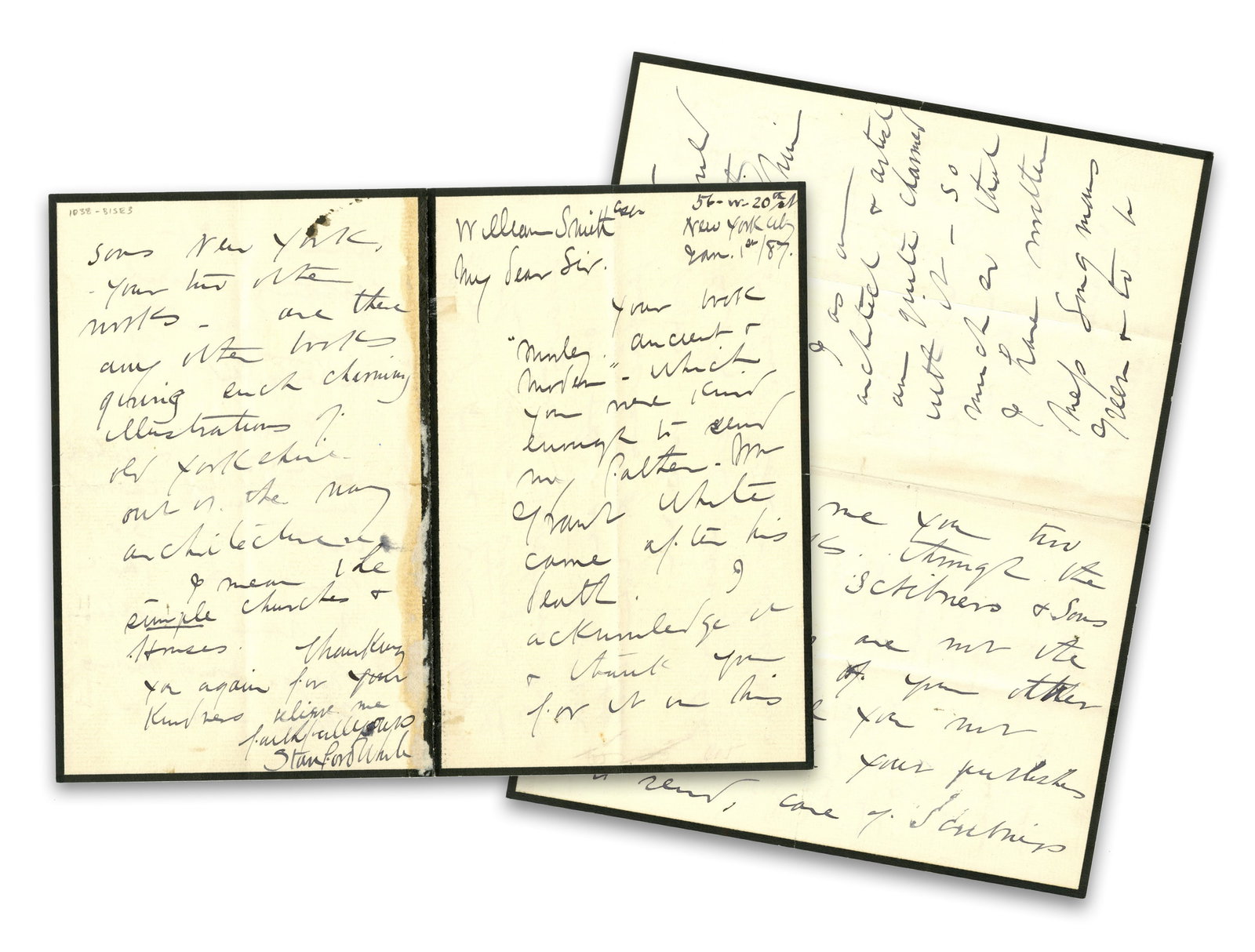 Stanford White Praises "charming illustrations… of architecture" On Behalf of His Late Father: Stanford White New York, NY, January 1, 1887 Stanford White Praises "charming illustrations… of architecture" On Behalf of His Late Father ALS A lengthy autograph letter signed by American archi