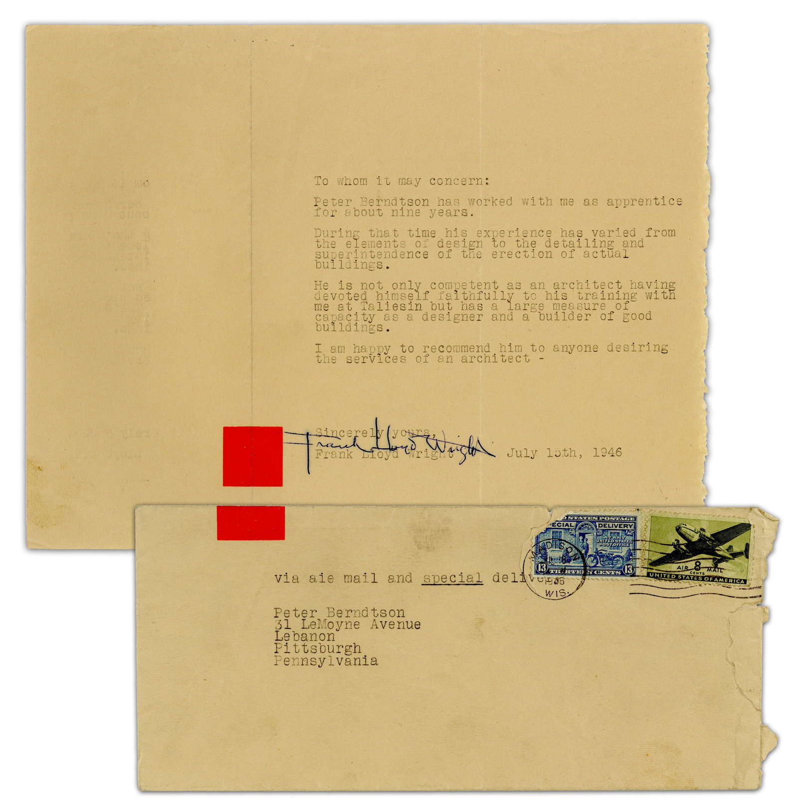 F.L. Wright Scarce Full Sig! TLS Recommending Taliesin Fellow Peter Berndtson: "He is not only (1 of 5)
