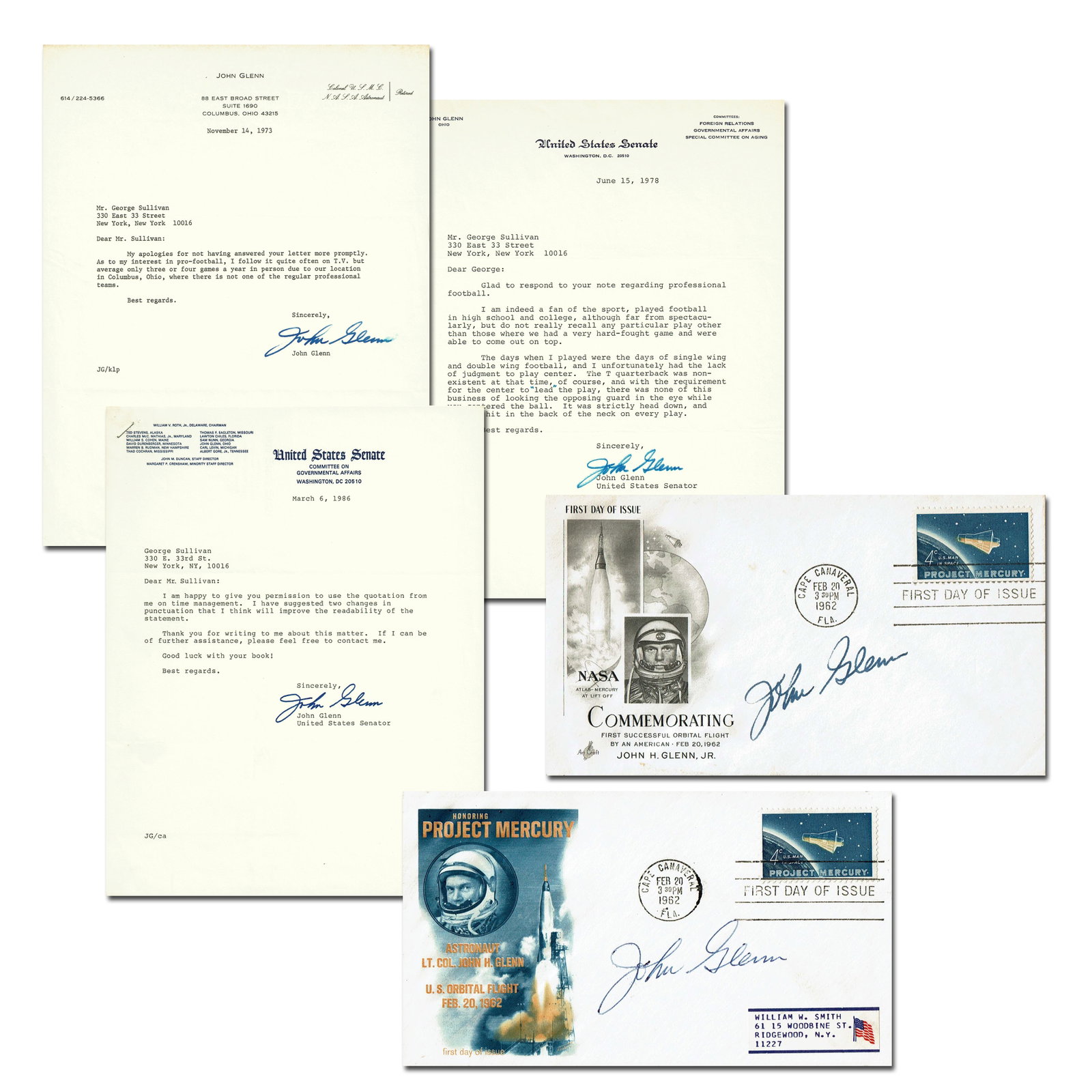 John Glenn Collection of 5 Signed Items: FDCs & TLSs on Pro Football (1 of 6)
