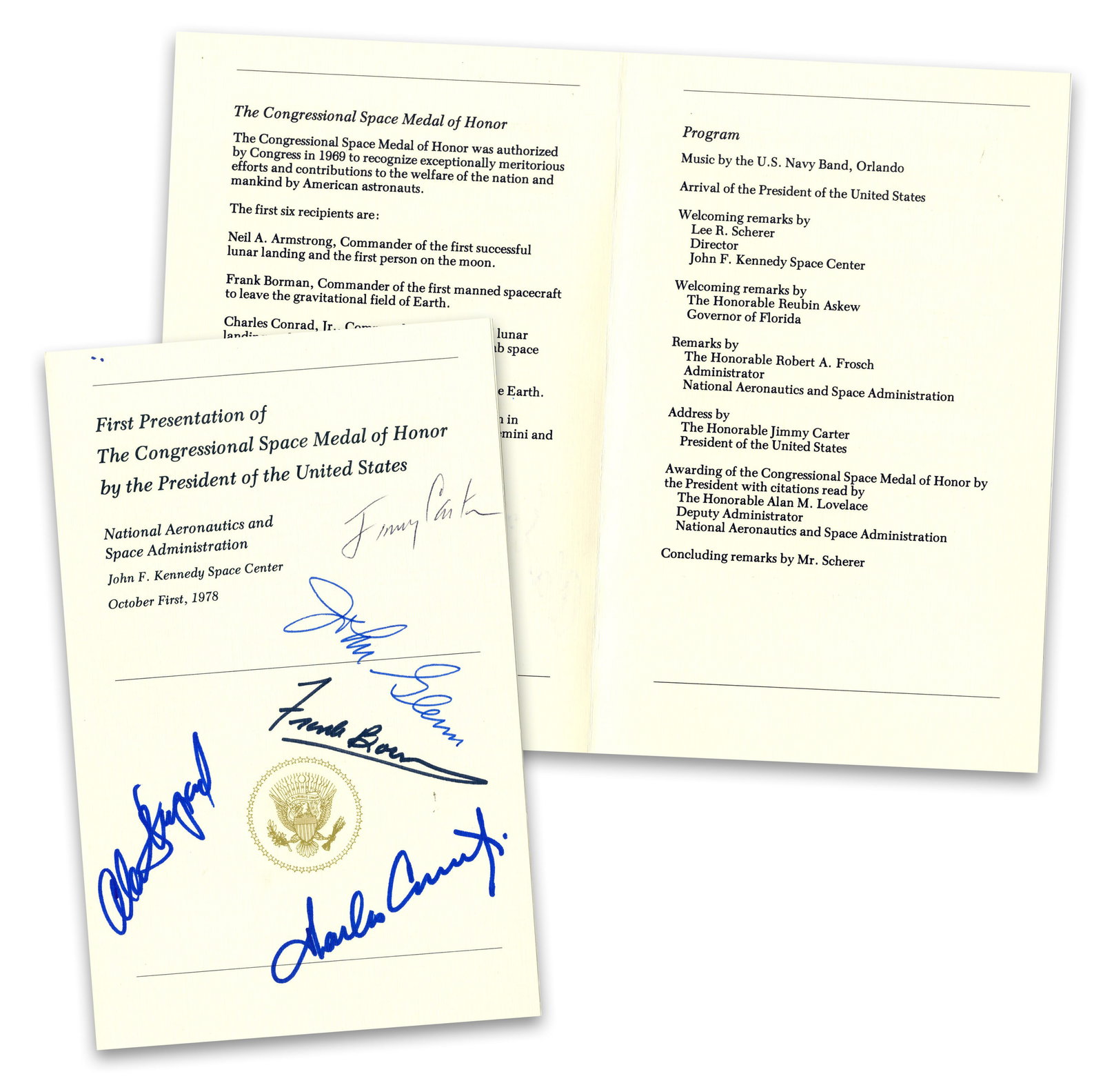 Jimmy Carter & 4 NASA Astronauts Signed Program for 1978 Space Medal of Honor (1 of 5)